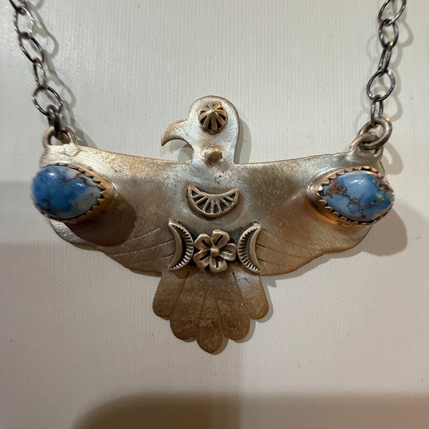 Golden Hills Turquoise Thunderbird Necklace in Sterling Silver, 18 Inch Rolo Chain Wild West Boho