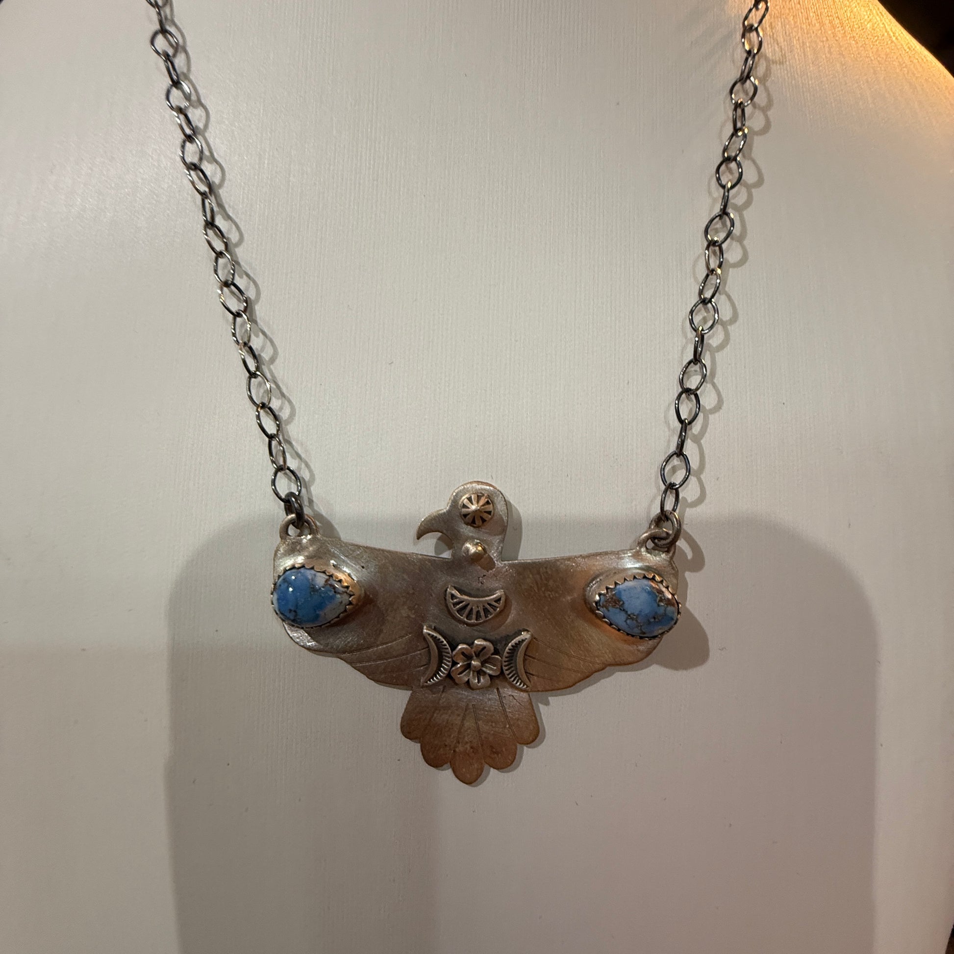 Golden Hills Turquoise Thunderbird Necklace in Sterling Silver, 18 Inch Rolo Chain Wild West Boho