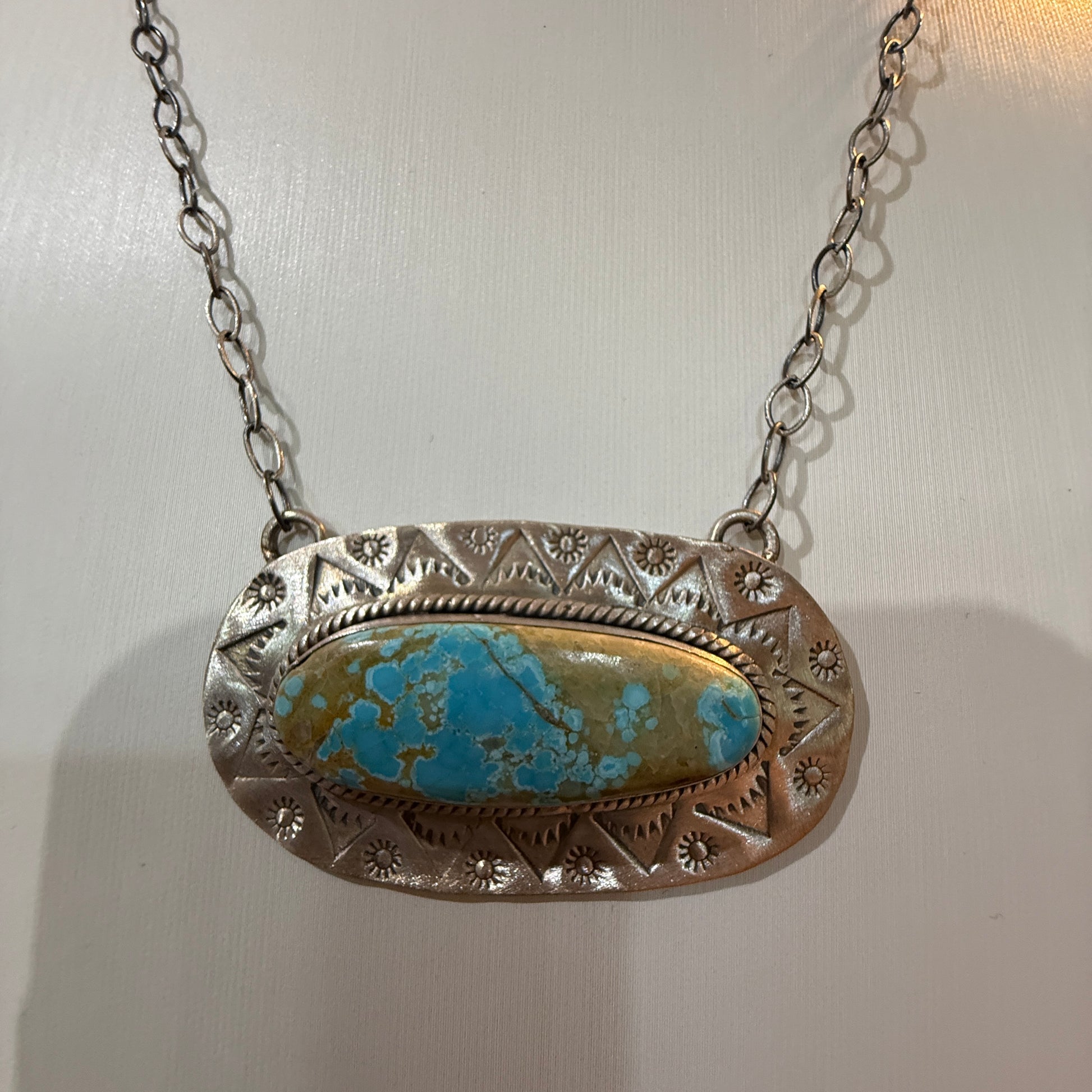 Golden Hills Turquoise Gemstone Pendant Necklace in Sterling Silver, 18 Inch Rolo Chain Wild West Boho