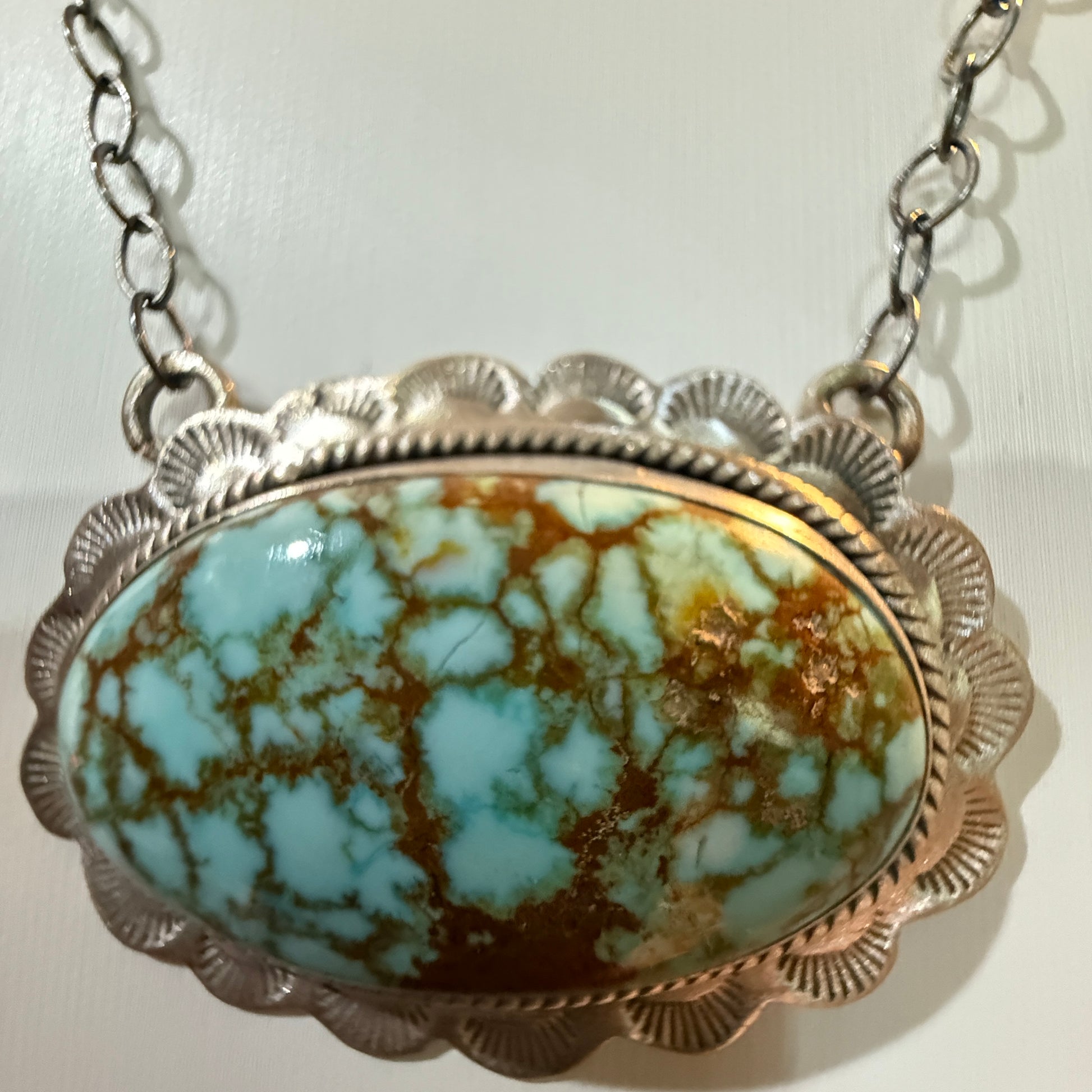 Number 8 Mine Turquoise Gemstone Pendant Necklace in Sterling Silver Wild West Boho