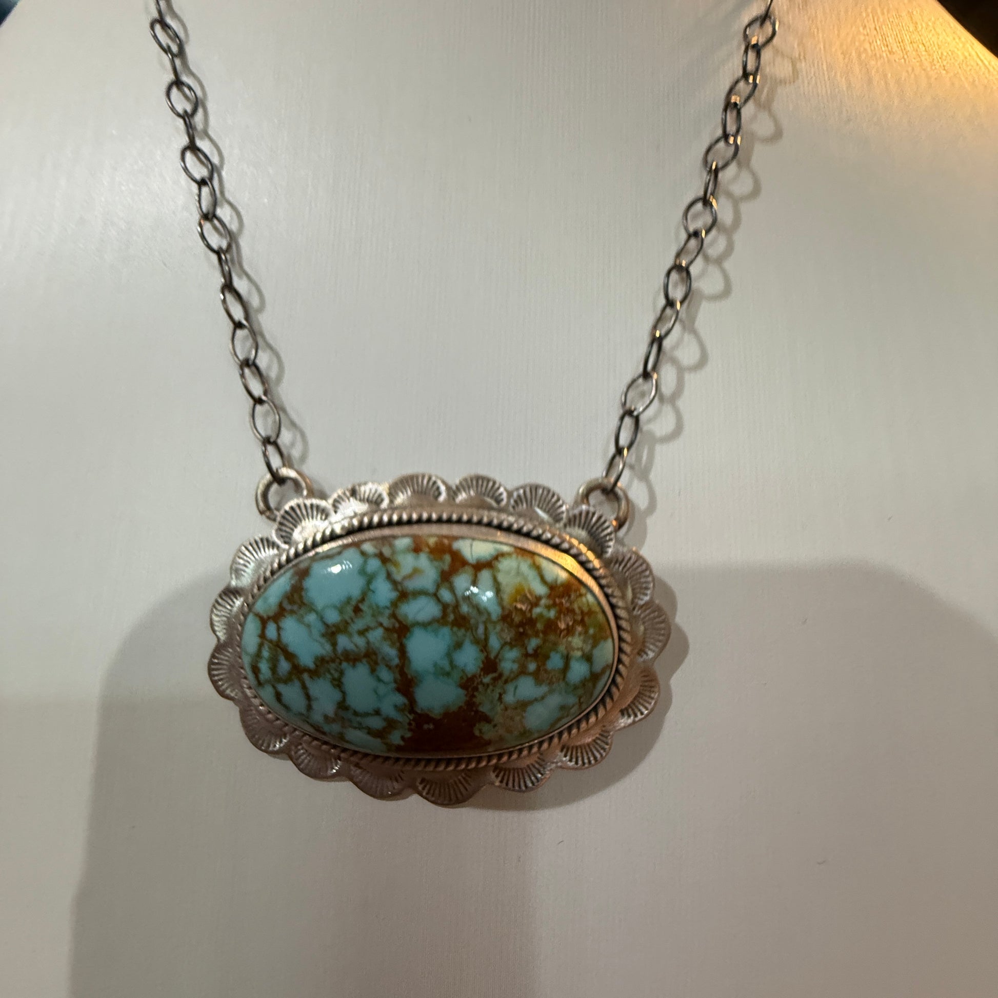Number 8 Mine Turquoise Gemstone Pendant Necklace in Sterling Silver Wild West Boho