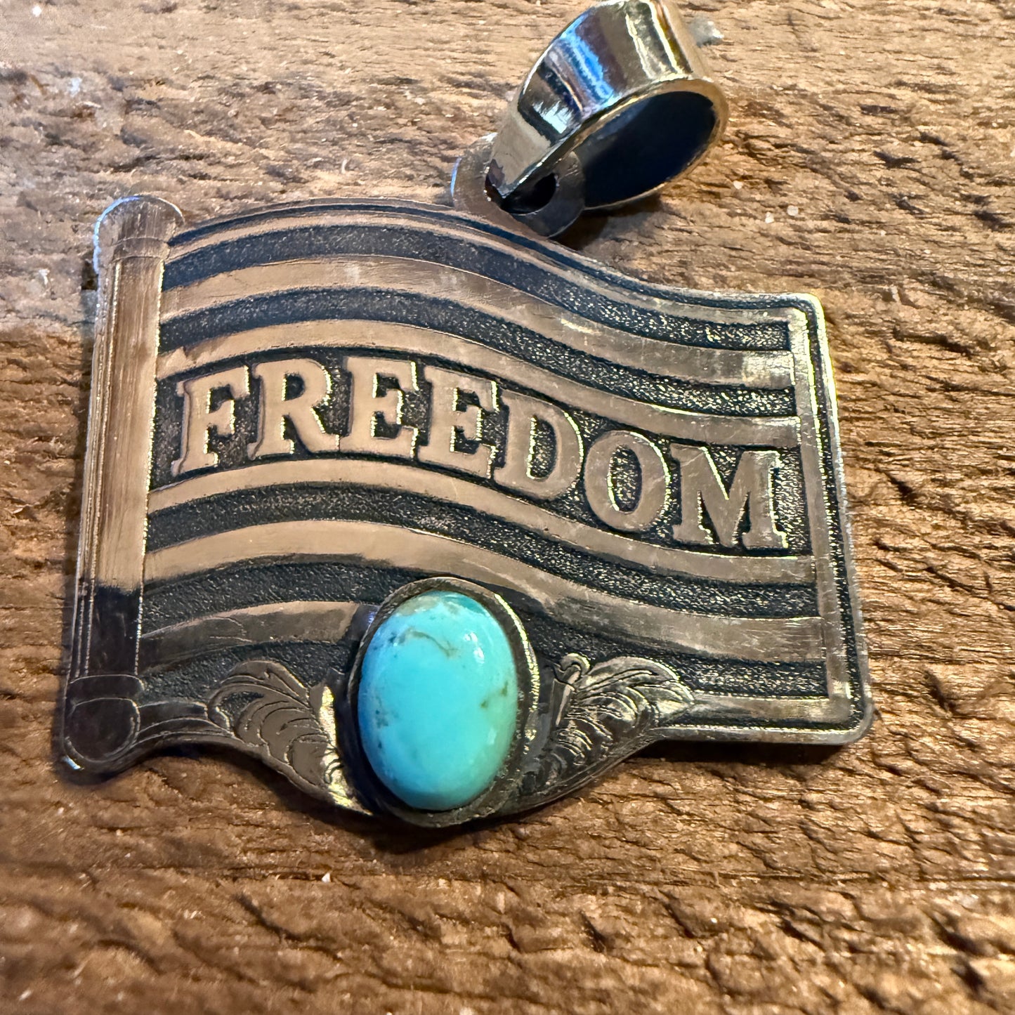 Patriot Freedom Flag Pendant in Kingman Turquoise and Sterling Silver Wild West Boho