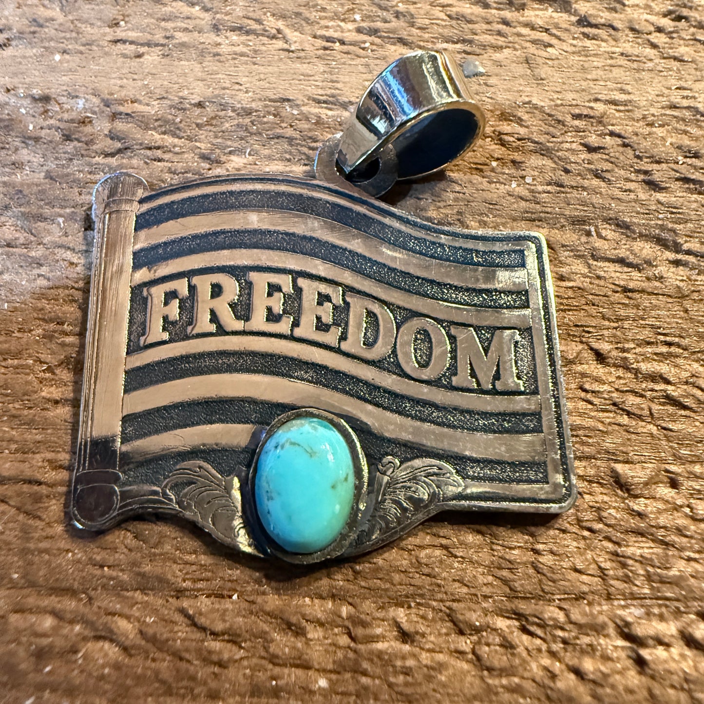 Patriot Freedom Flag Pendant in Kingman Turquoise and Sterling Silver Wild West Boho