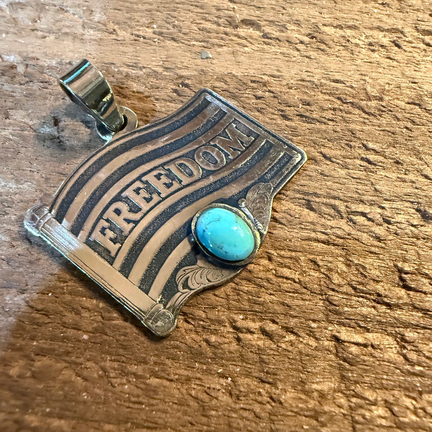 Patriot Freedom Flag Pendant in Kingman Turquoise and Sterling Silver Wild West Boho
