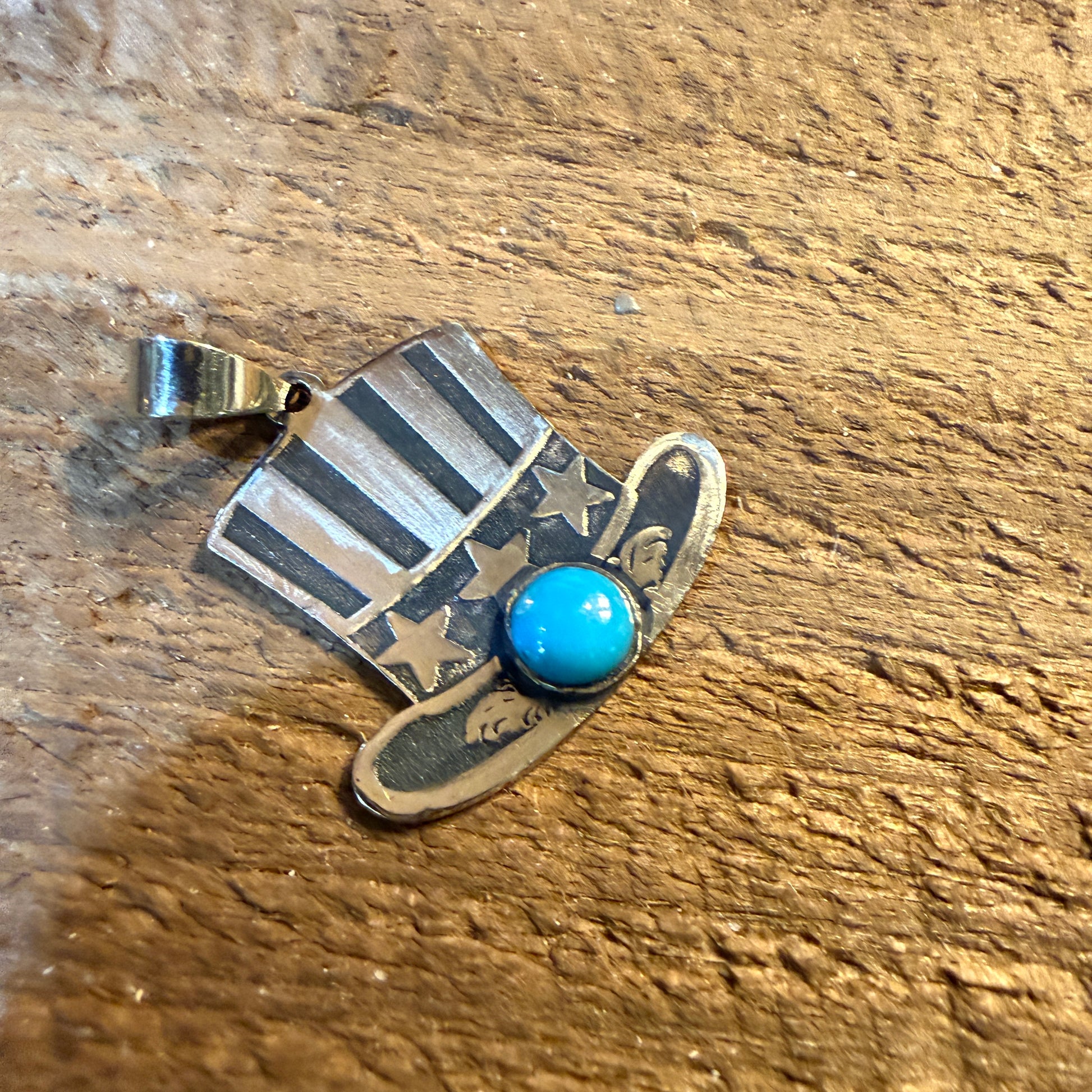 Patriot Freedom Uncle Sam Hat Pendant Kingman Turquoise in Sterling Silver Wild West Boho