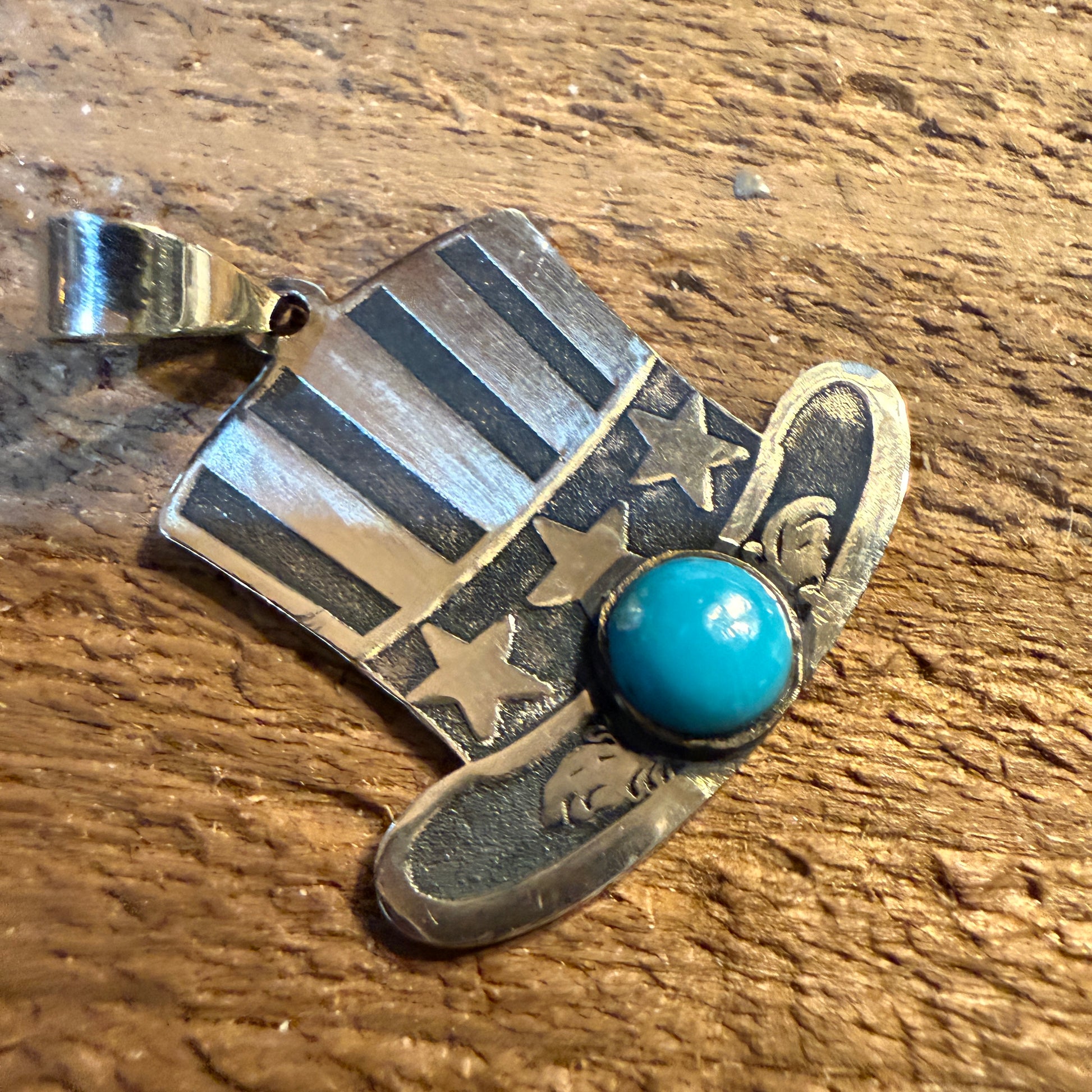 Patriot Freedom Uncle Sam Hat Pendant Kingman Turquoise in Sterling Silver Wild West Boho