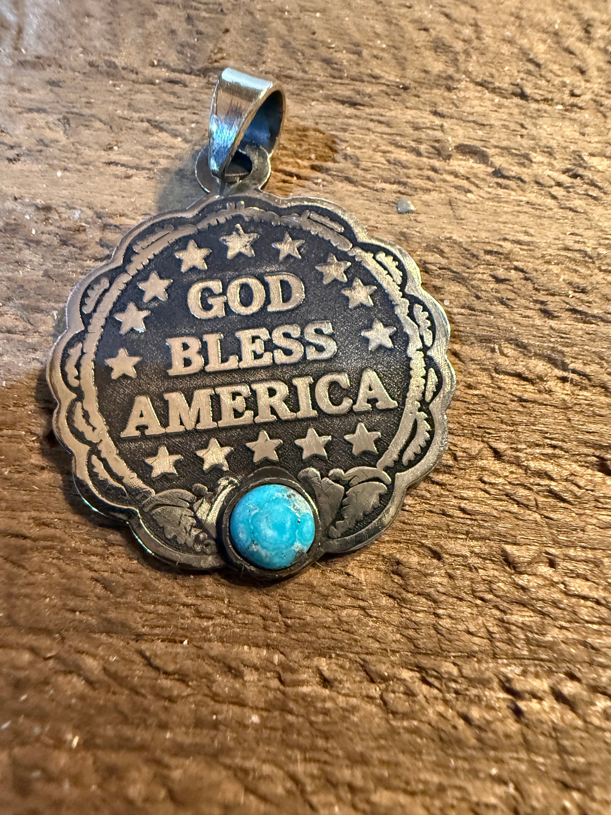 Patriot Freedom Gold Bless America Pendant in Kingman Turquoise and Sterling Silver Wild West Boho