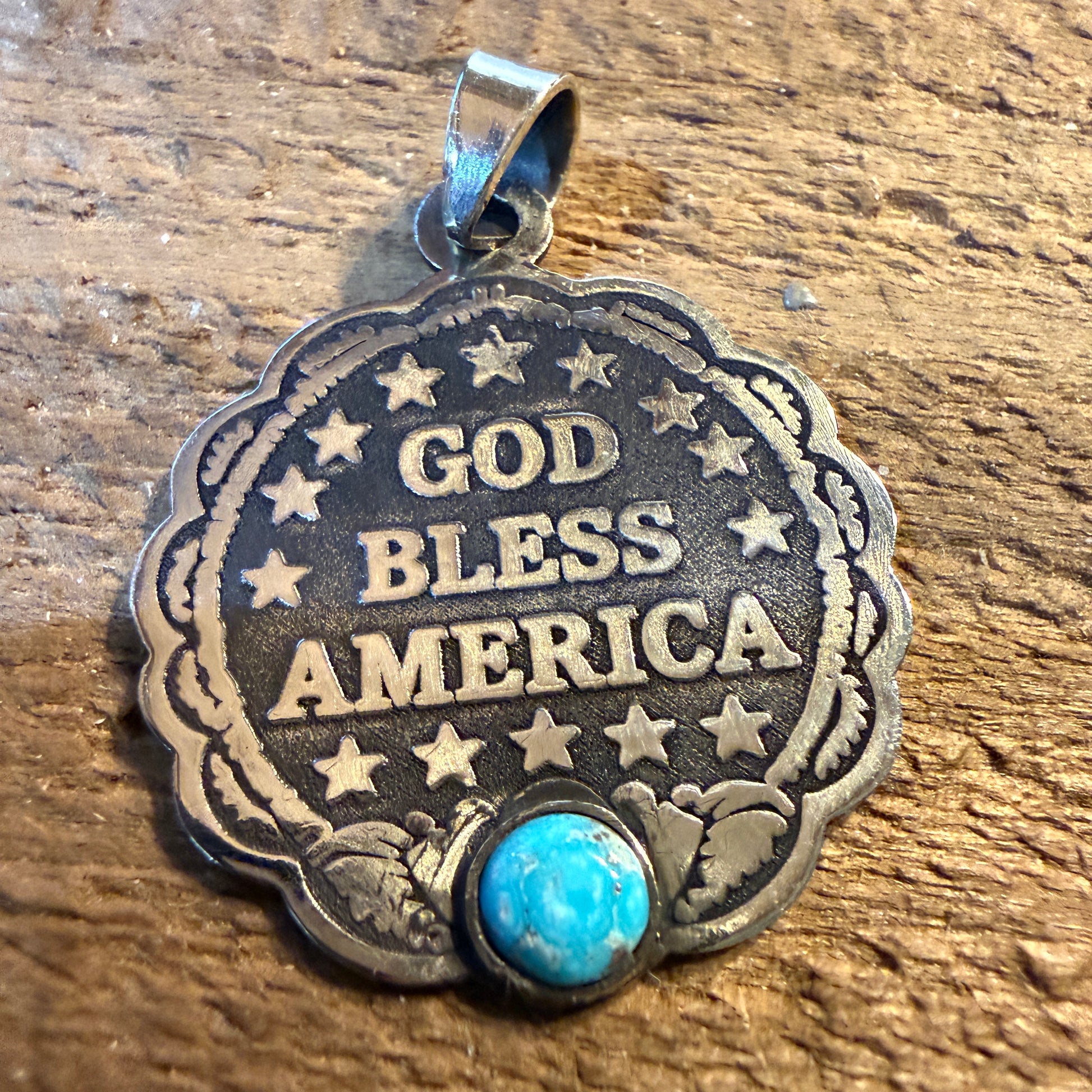 Patriot Freedom Gold Bless America Pendant in Kingman Turquoise and Sterling Silver Wild West Boho