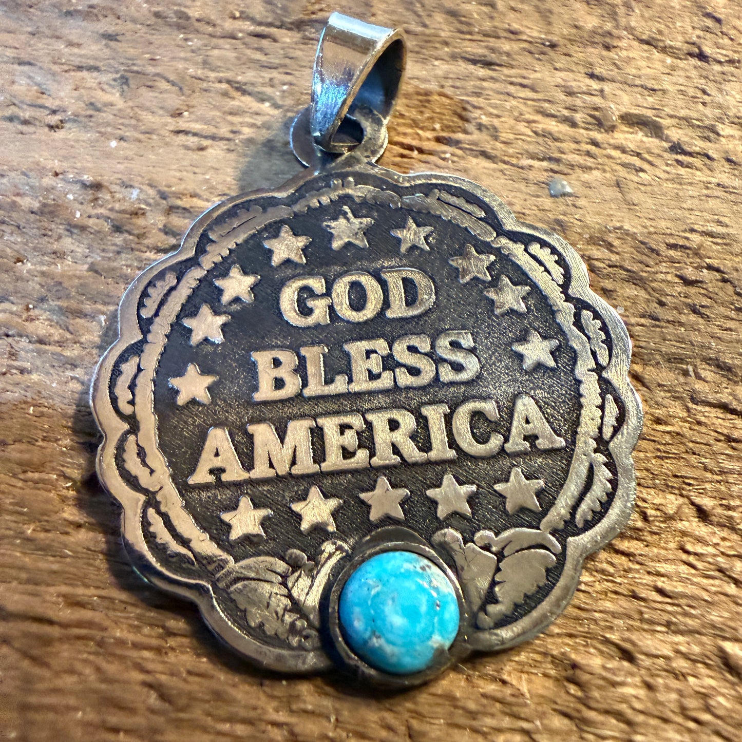 Patriot Freedom Gold Bless America Pendant in Kingman Turquoise and Sterling Silver Wild West Boho