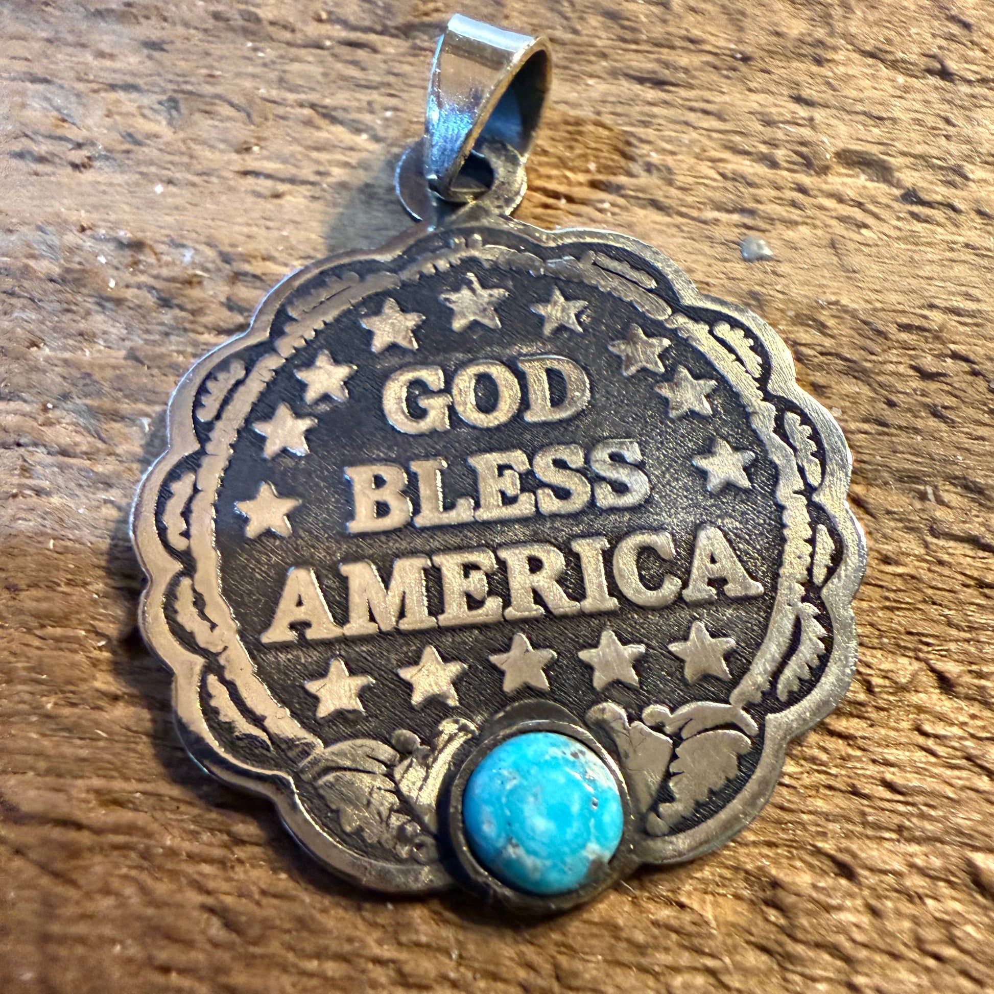 Patriot Freedom Gold Bless America Pendant in Kingman Turquoise and Sterling Silver Wild West Boho