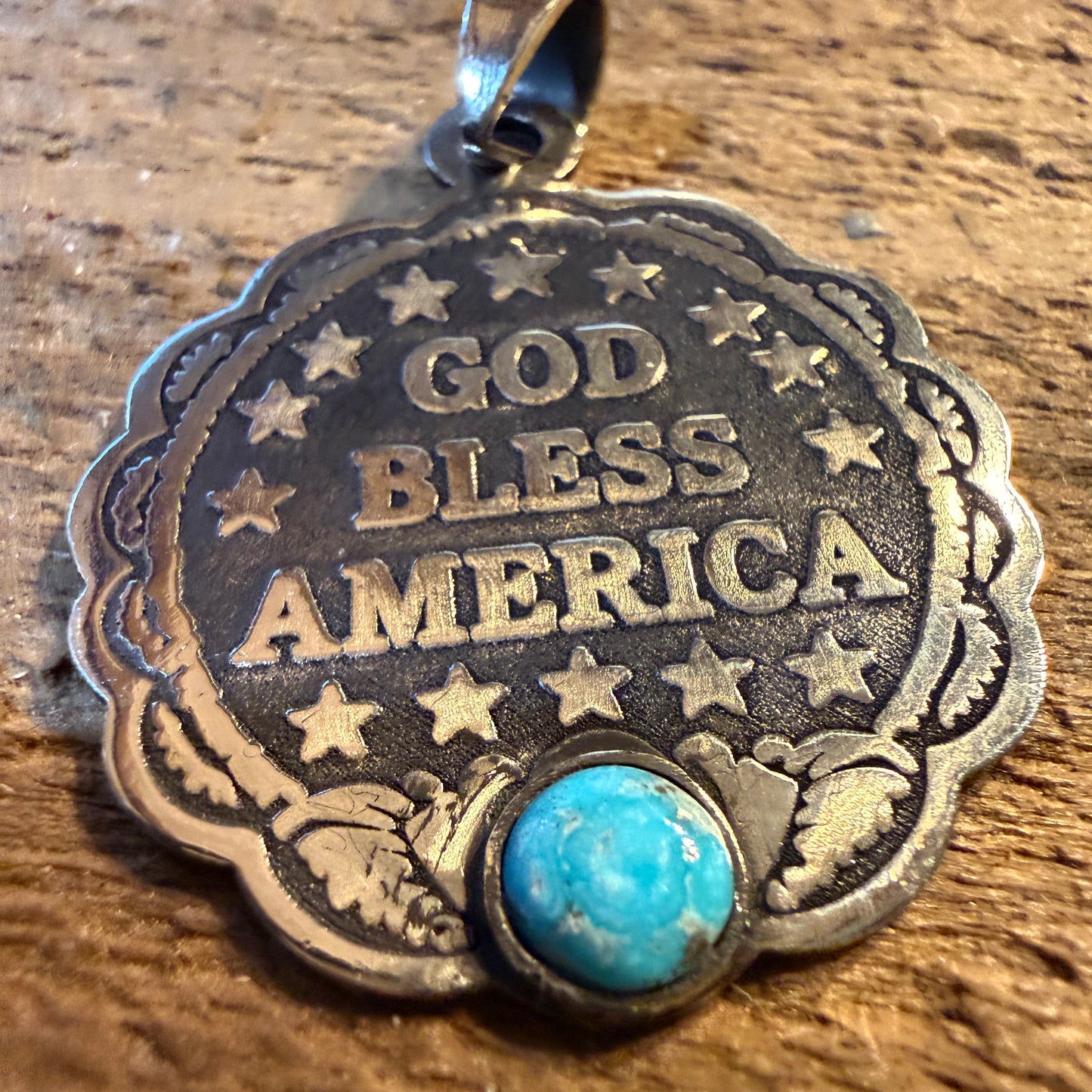 Patriot Freedom Gold Bless America Pendant in Kingman Turquoise and Sterling Silver Wild West Boho
