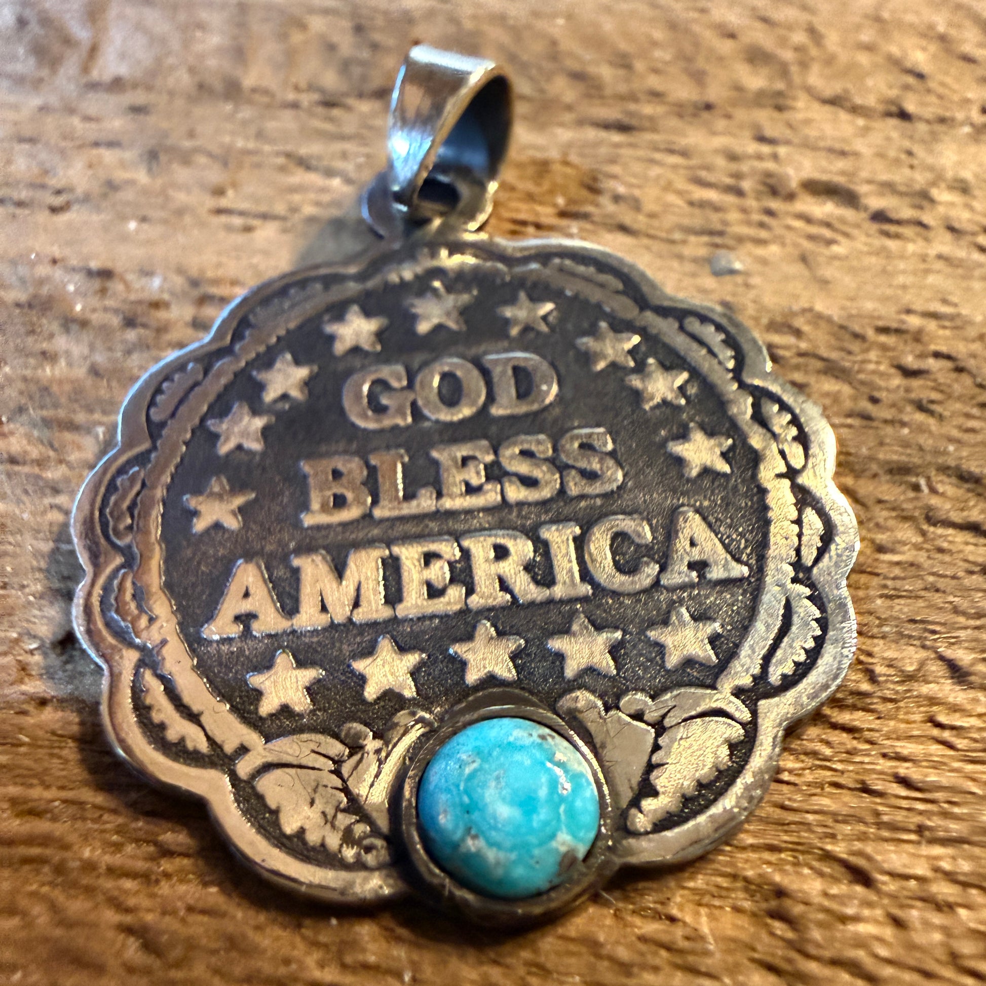 Patriot Freedom Gold Bless America Pendant in Kingman Turquoise and Sterling Silver Wild West Boho
