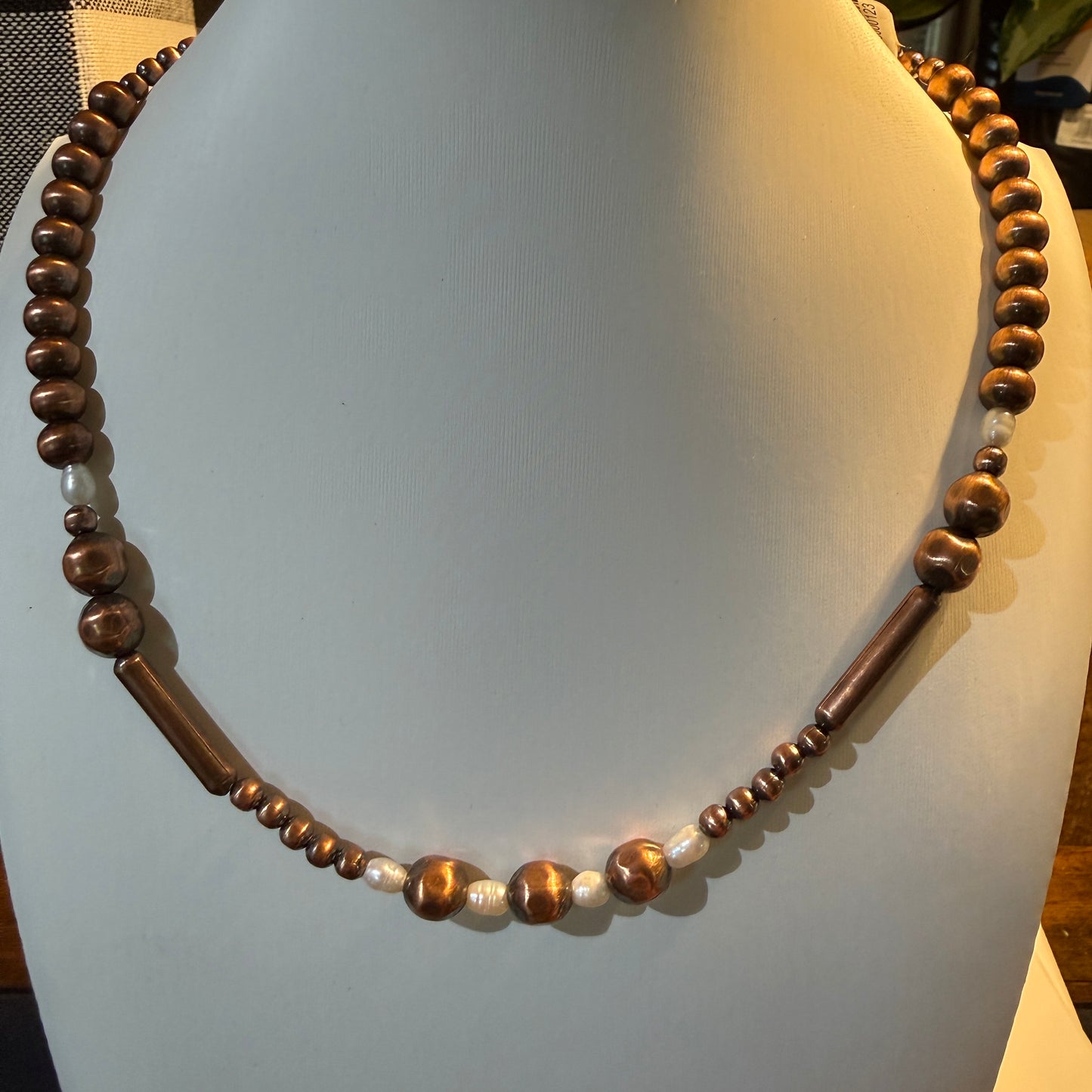 Genuine Copper 3mm to 6mm Fresh Water and Copper Graduated Pearl Necklace, 20 Inch Wild West Boho