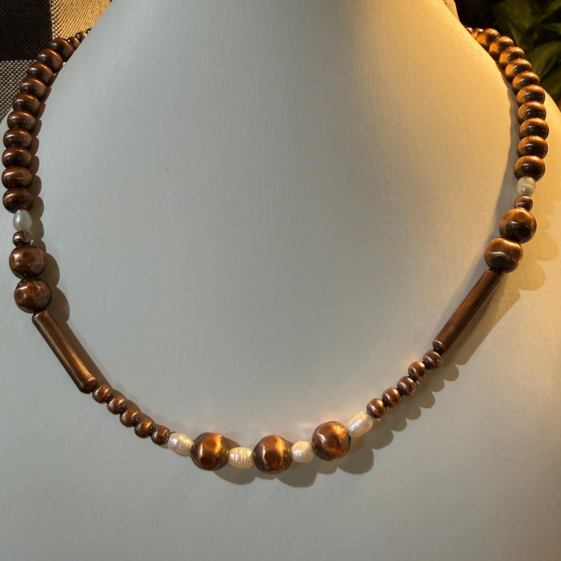 Genuine Copper 3mm to 6mm Fresh Water and Copper Graduated Pearl Necklace, 20 Inch Wild West Boho