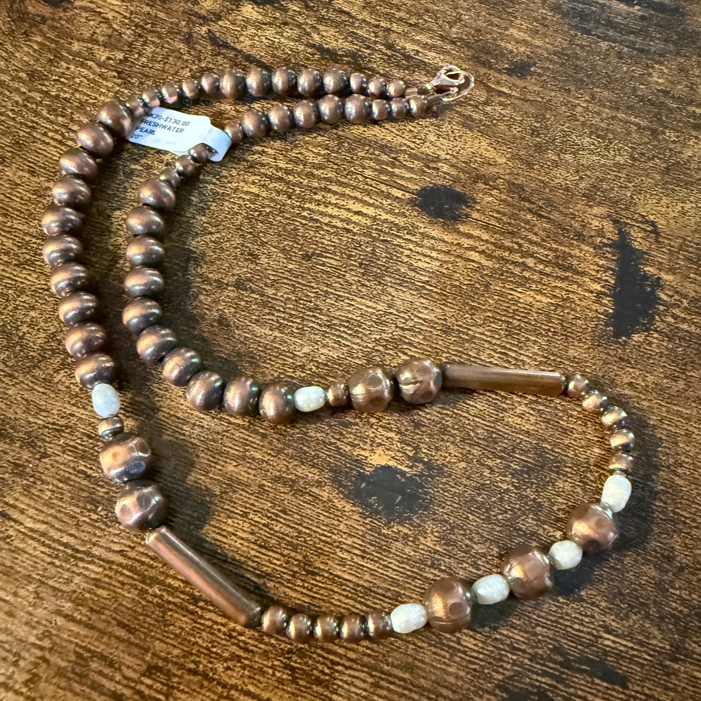 Genuine Copper 3mm to 6mm Fresh Water and Copper Graduated Pearl Necklace, 20 Inch Wild West Boho