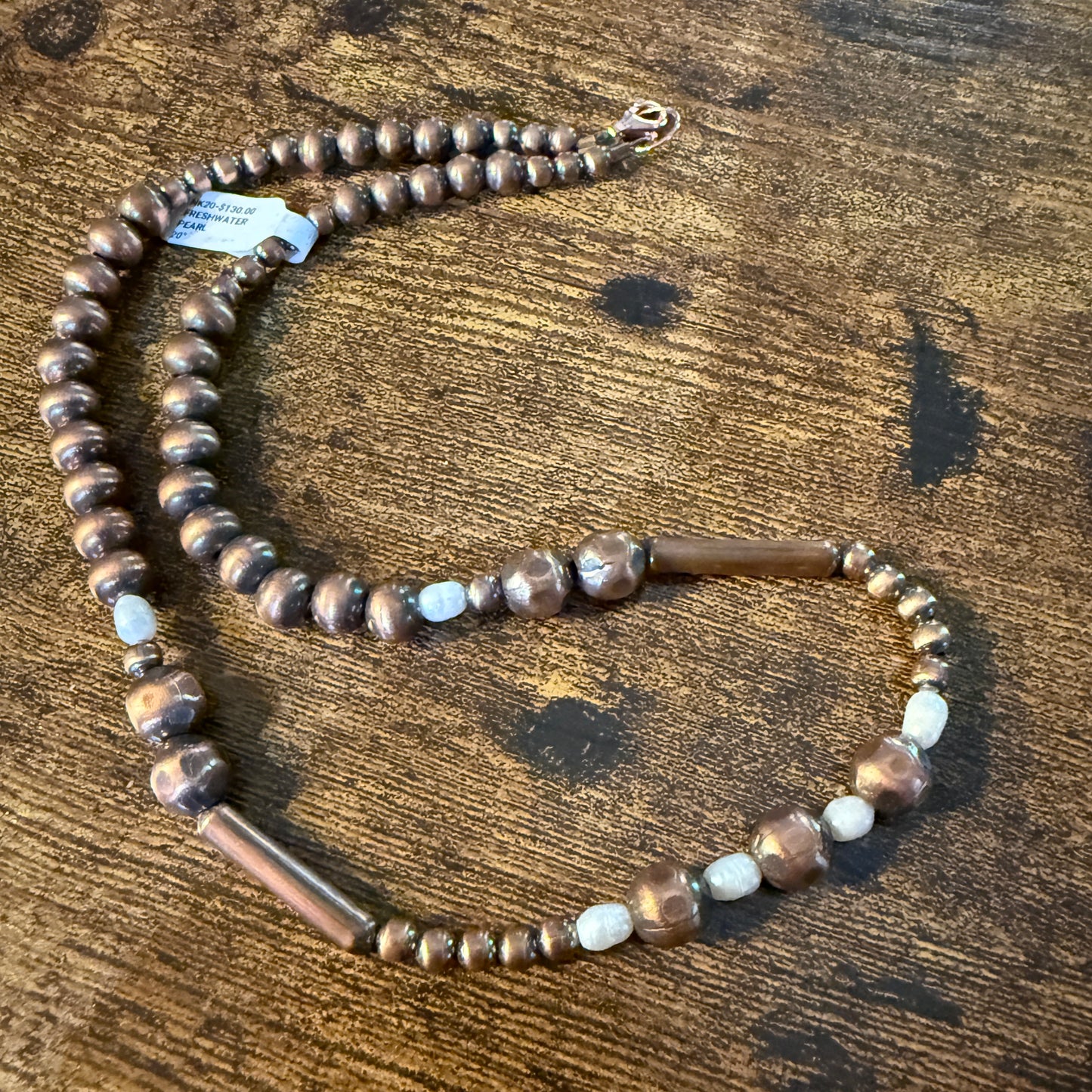 Genuine Copper 3mm to 6mm Fresh Water and Copper Graduated Pearl Necklace, 20 Inch Wild West Boho