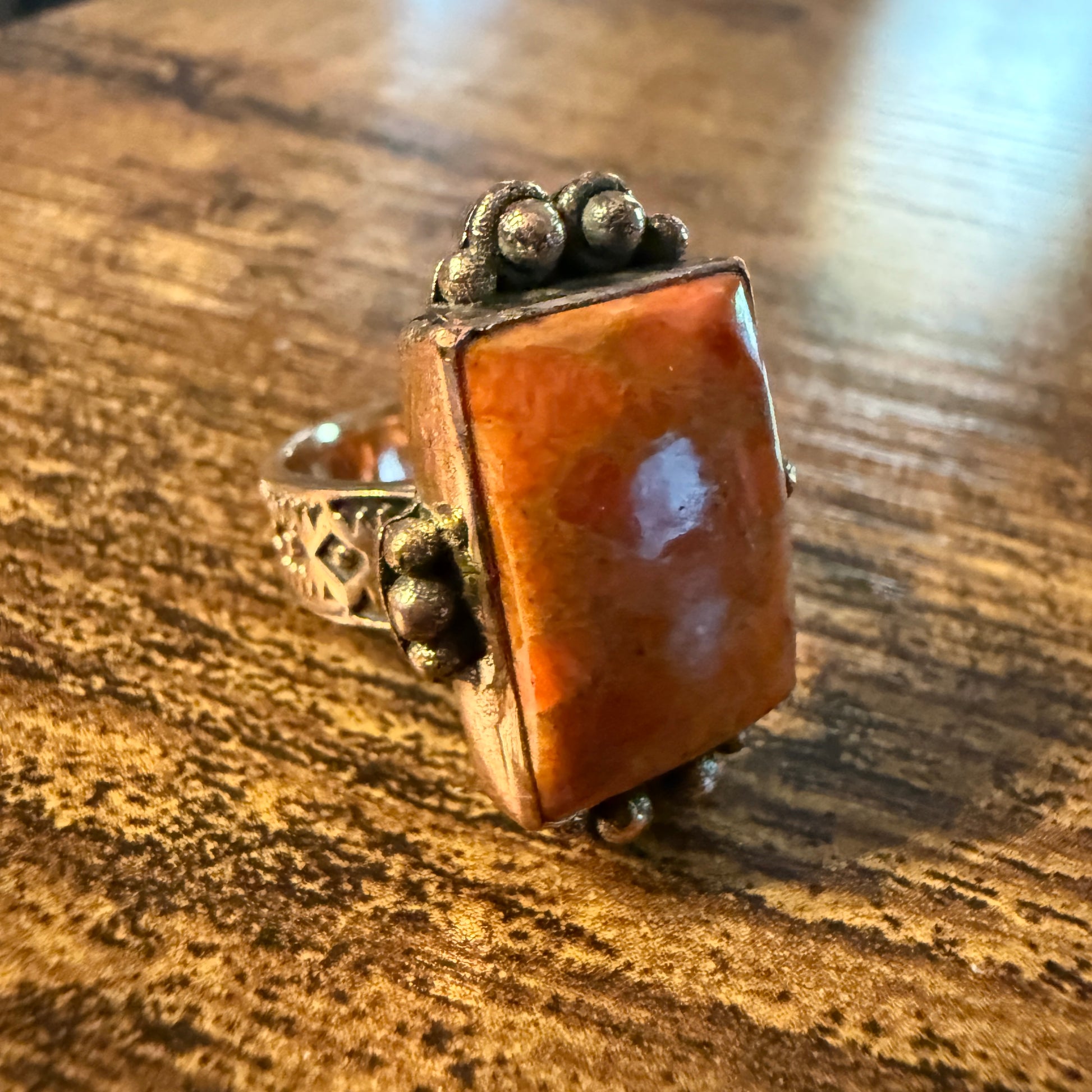 Orange Spiny Turquoise and Genuine Copper Adjustable Ring Wild West Boho