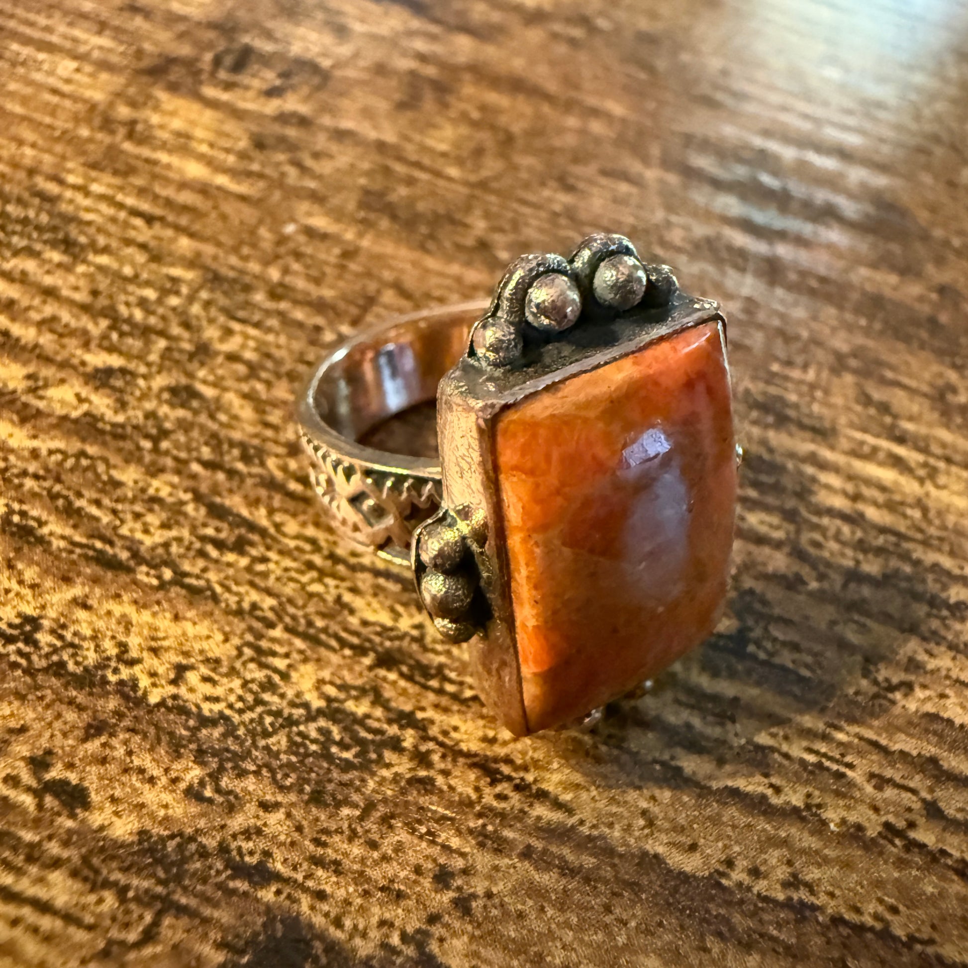 Orange Spiny Turquoise and Genuine Copper Adjustable Ring Wild West Boho