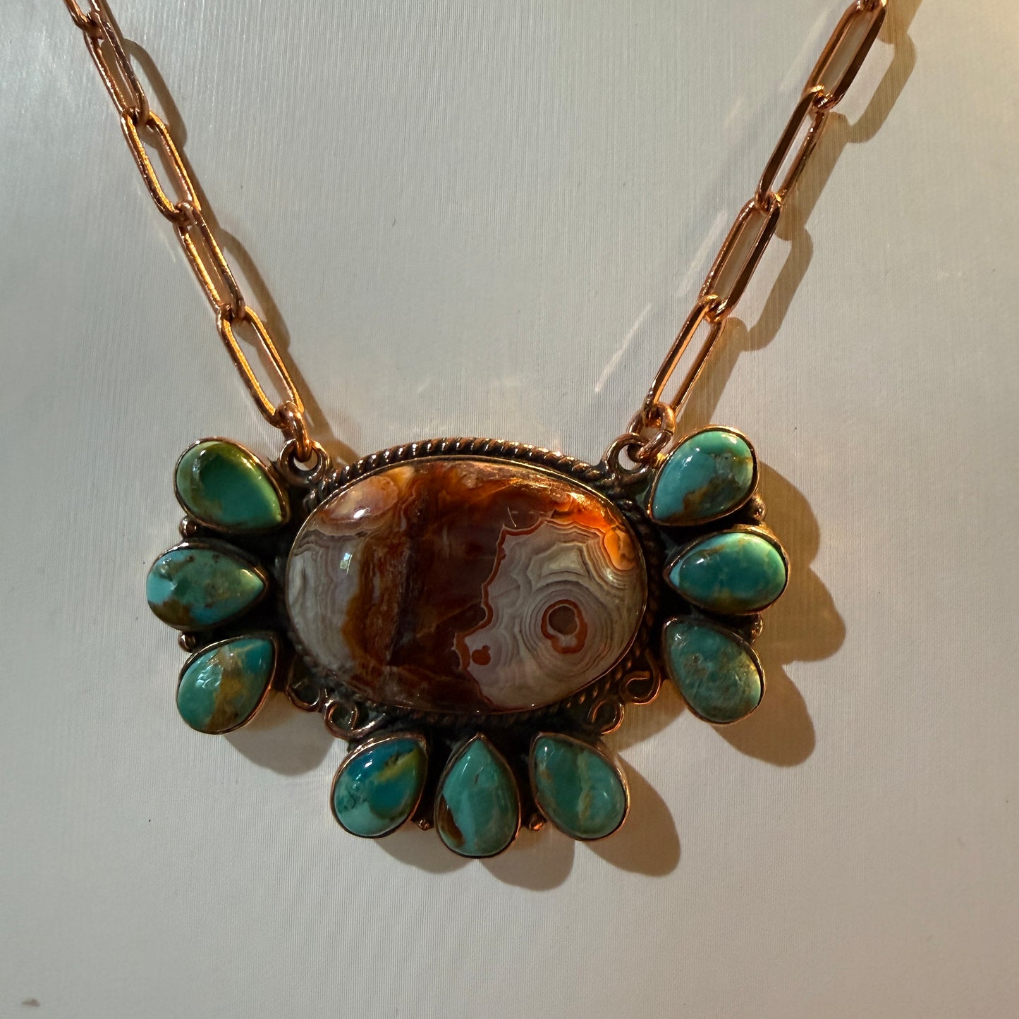 Crazy Lace and Mohave Turquoise Gemstones Genuine Copper Necklace, 18 Inch Chain Wild West Boho