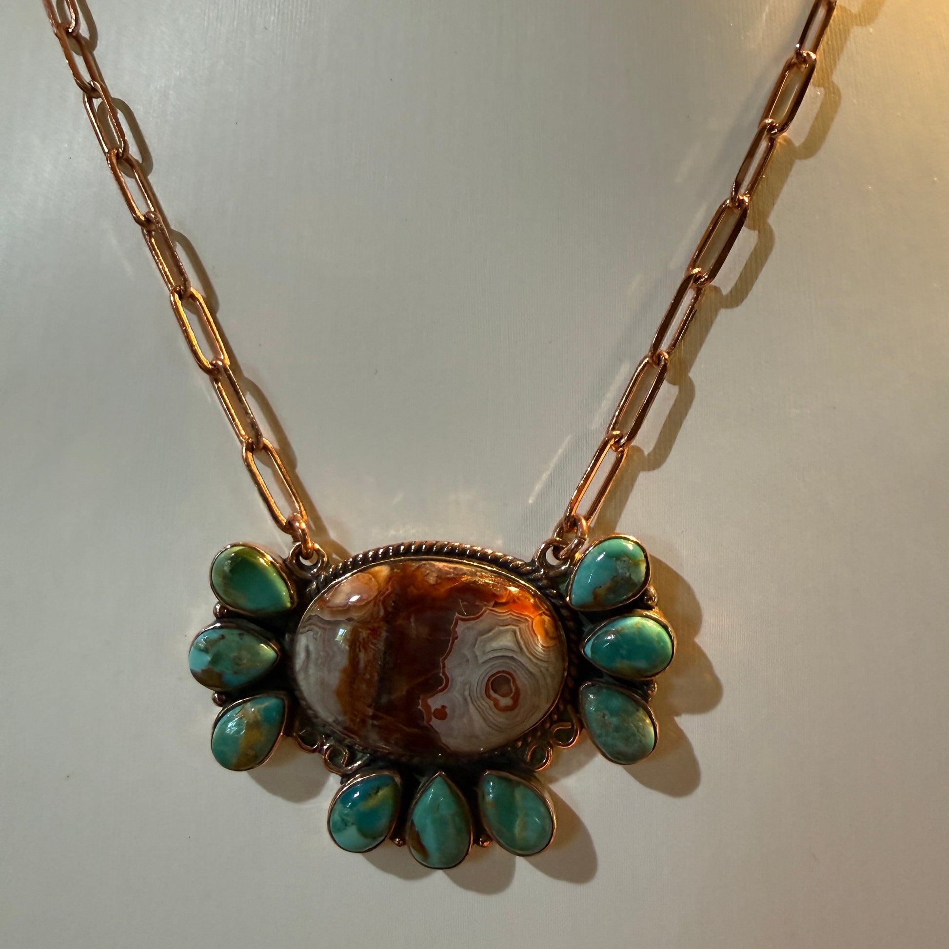 Crazy Lace and Mohave Turquoise Gemstones Genuine Copper Necklace, 18 Inch Chain Wild West Boho