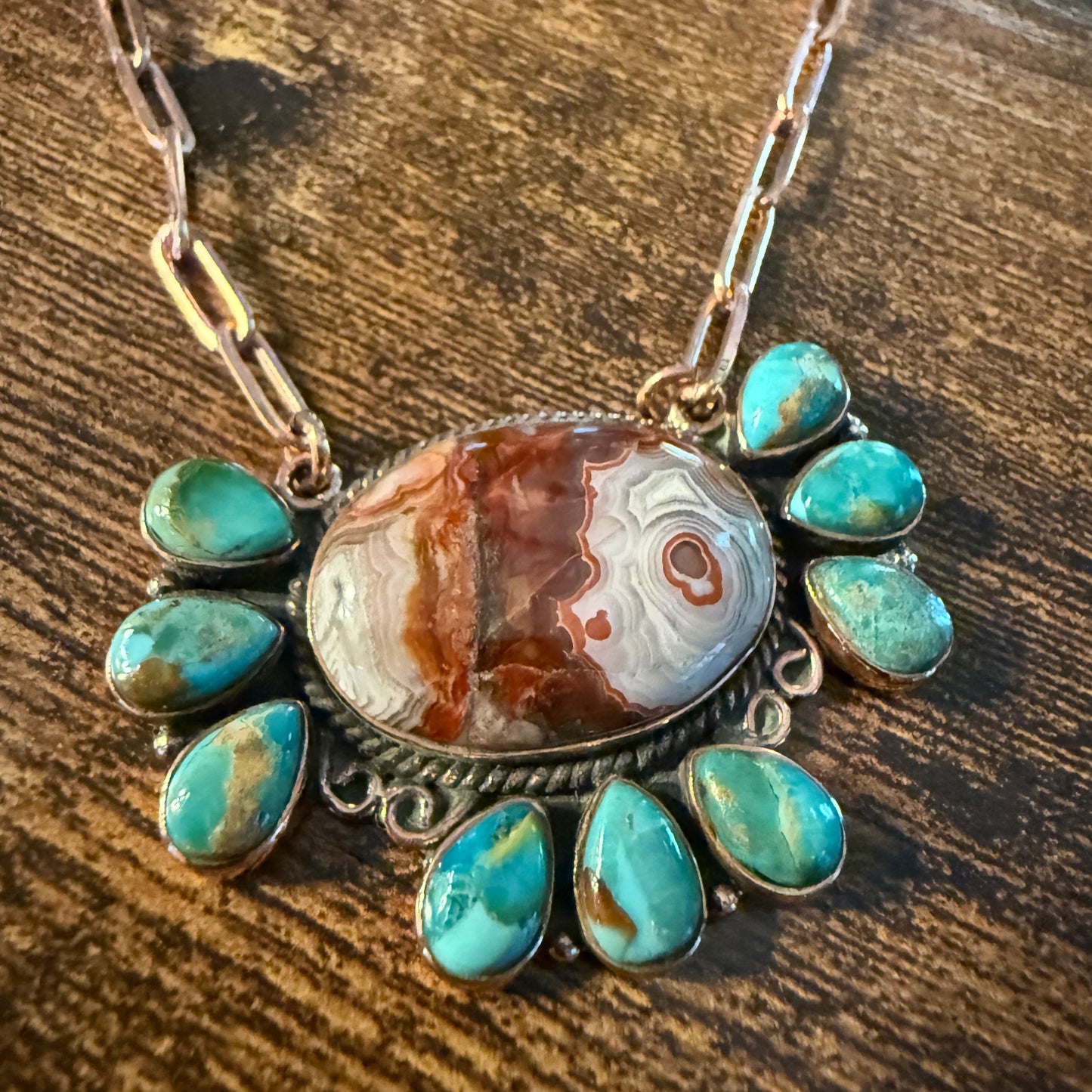 Crazy Lace and Mohave Turquoise Gemstones Genuine Copper Necklace, 18 Inch Chain Wild West Boho