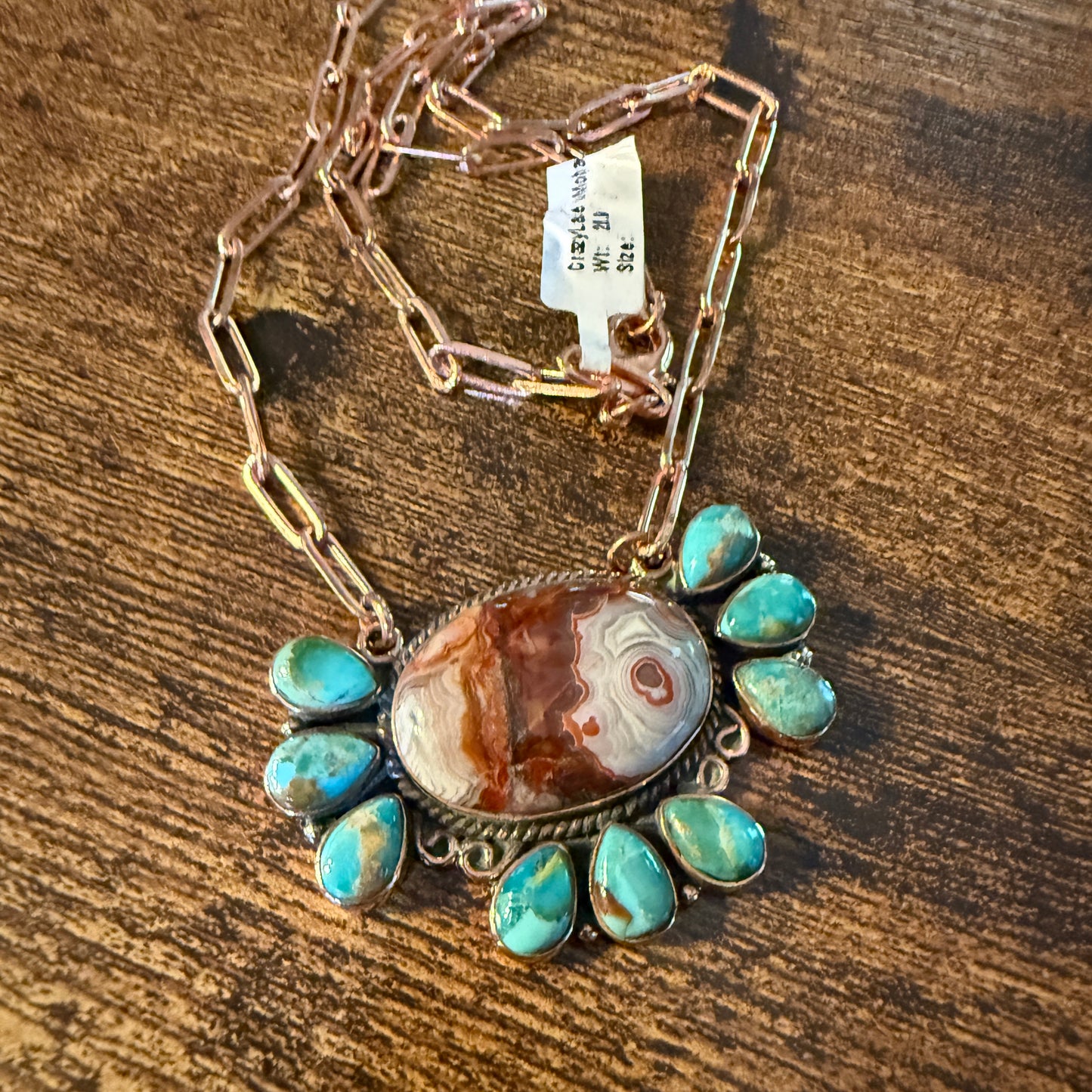 Crazy Lace and Mohave Turquoise Gemstones Genuine Copper Necklace, 18 Inch Chain Wild West Boho