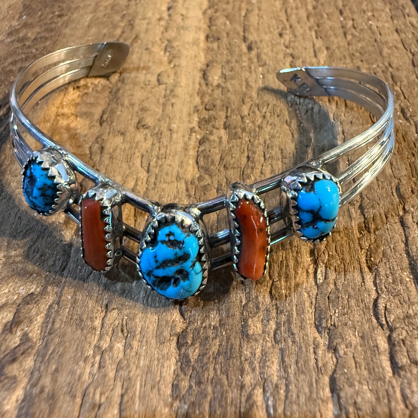 Kee Blancard Native Signed Kingman Turquoise and Mediterranean Coral Cuff Bracelet Wild West Boho
