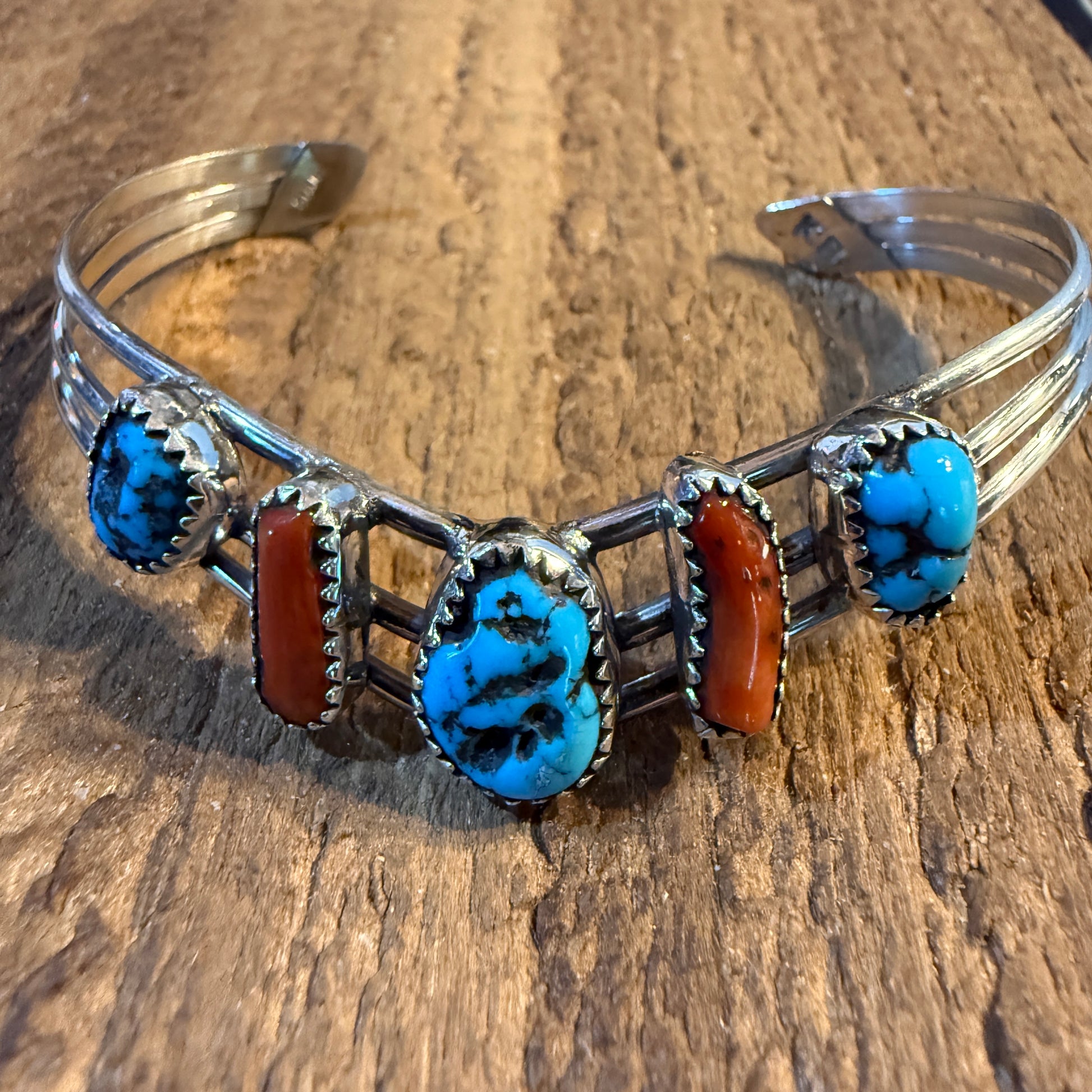 Kee Blancard Native Signed Kingman Turquoise and Mediterranean Coral Cuff Bracelet Wild West Boho