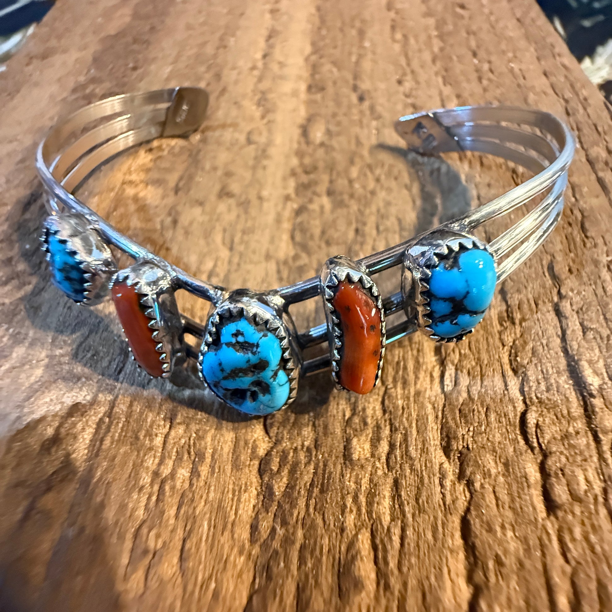 Kee Blancard Native Signed Kingman Turquoise and Mediterranean Coral Cuff Bracelet Wild West Boho