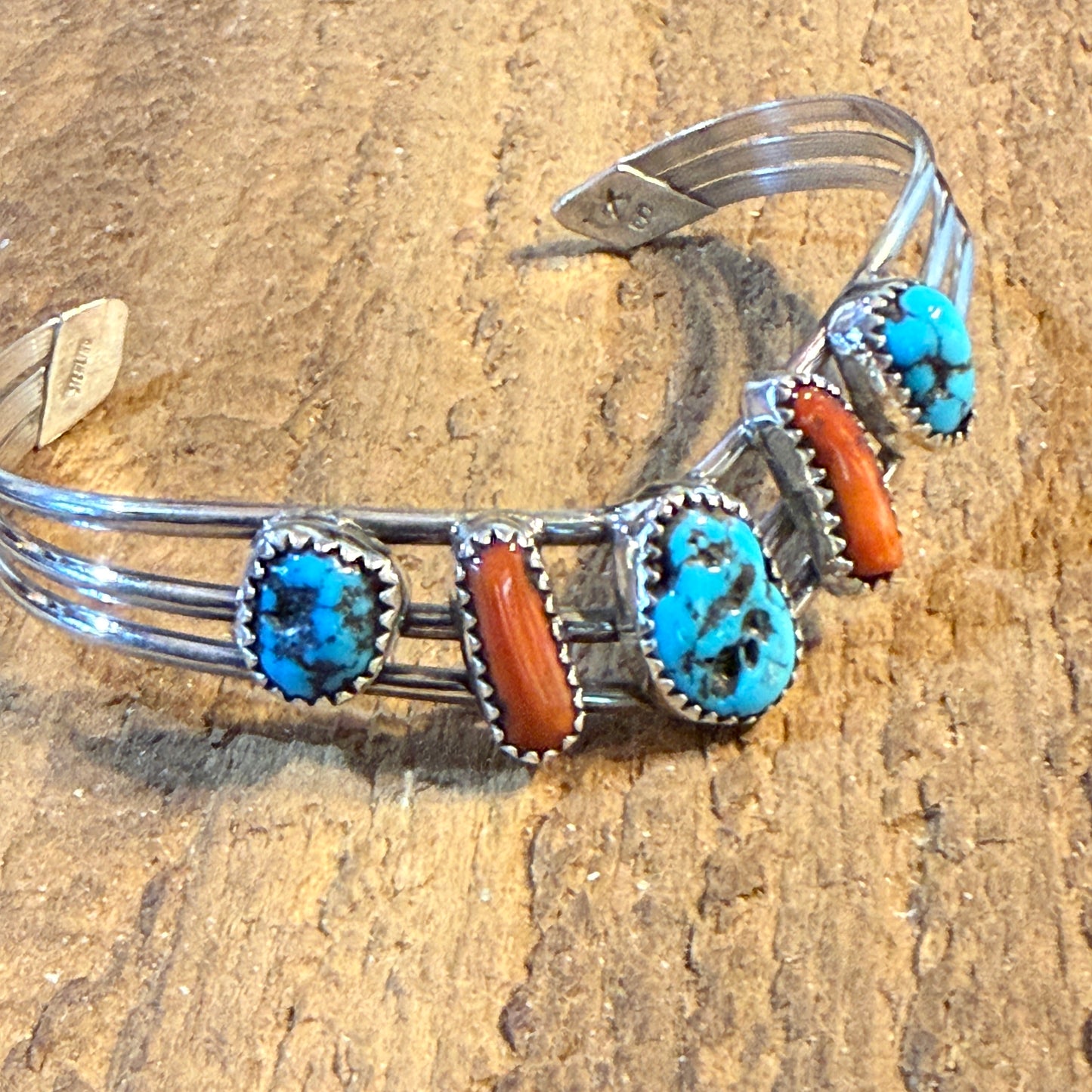 Kee Blancard Native Signed Kingman Turquoise and Mediterranean Coral Cuff Bracelet Wild West Boho
