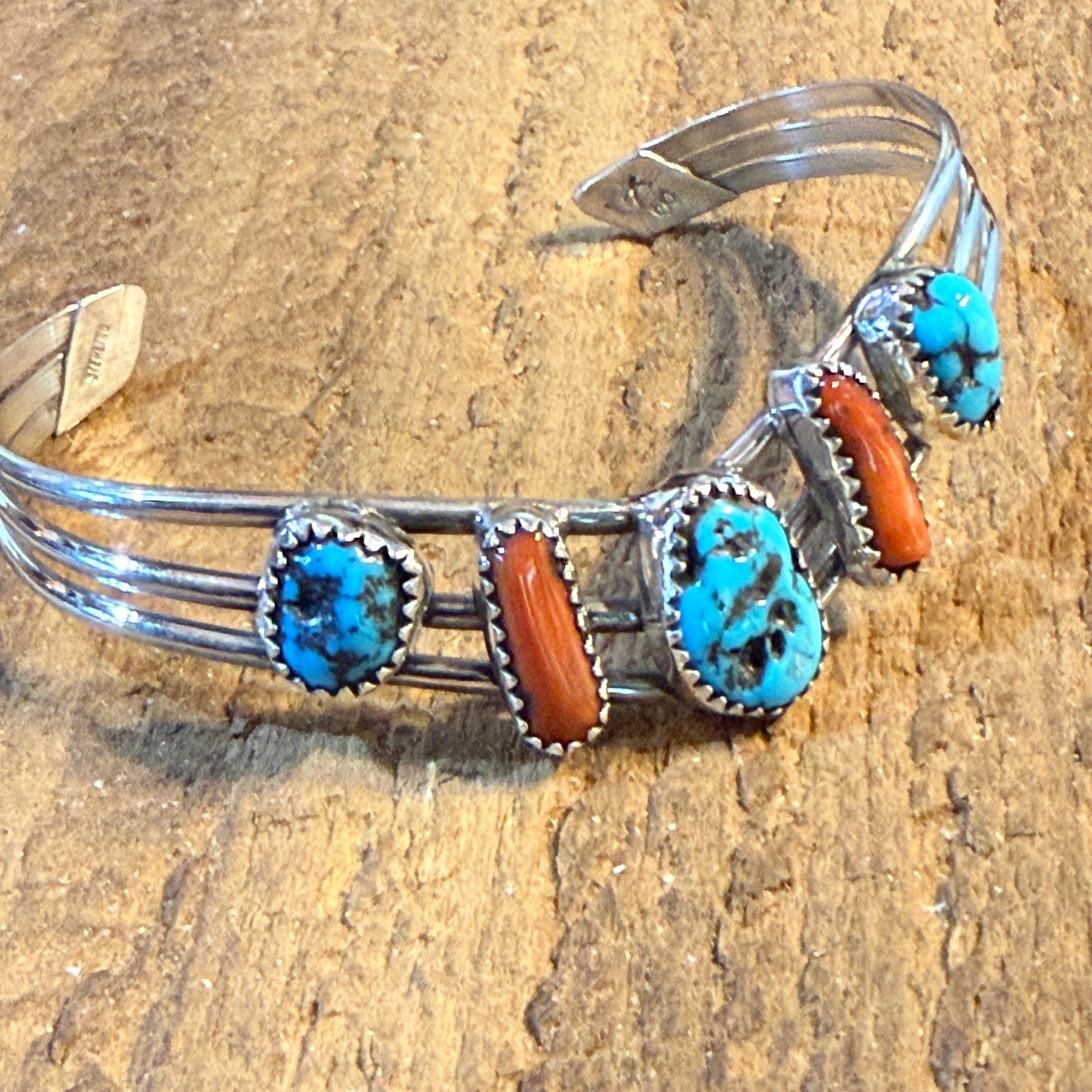 Kee Blancard Native Signed Kingman Turquoise and Mediterranean Coral Cuff Bracelet Wild West Boho