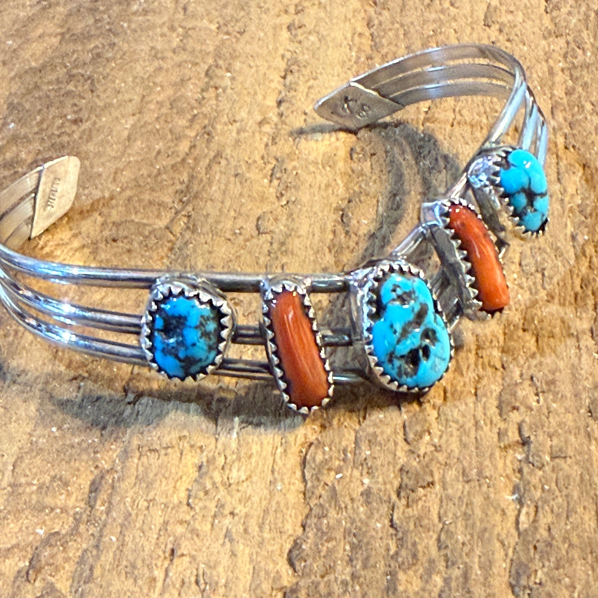Kee Blancard Native Signed Kingman Turquoise and Mediterranean Coral Cuff Bracelet Wild West Boho