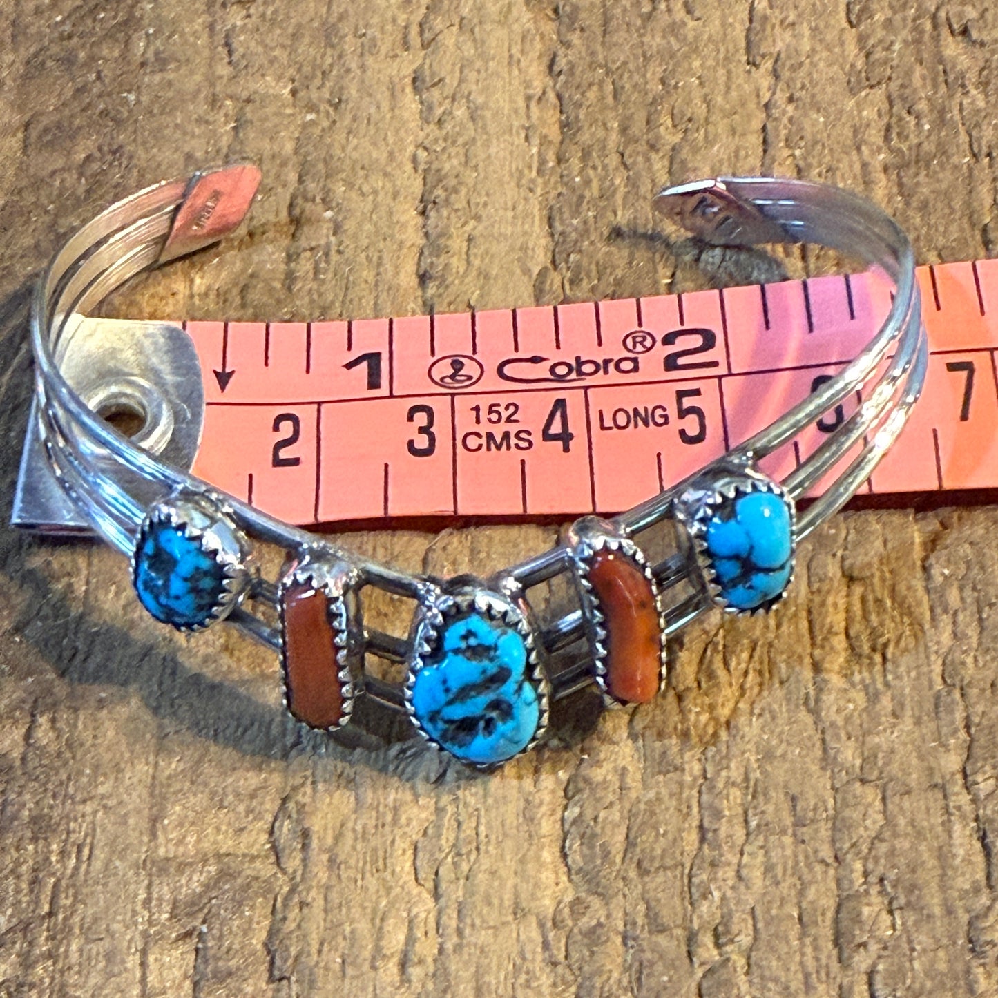 Kee Blancard Native Signed Kingman Turquoise and Mediterranean Coral Cuff Bracelet Wild West Boho