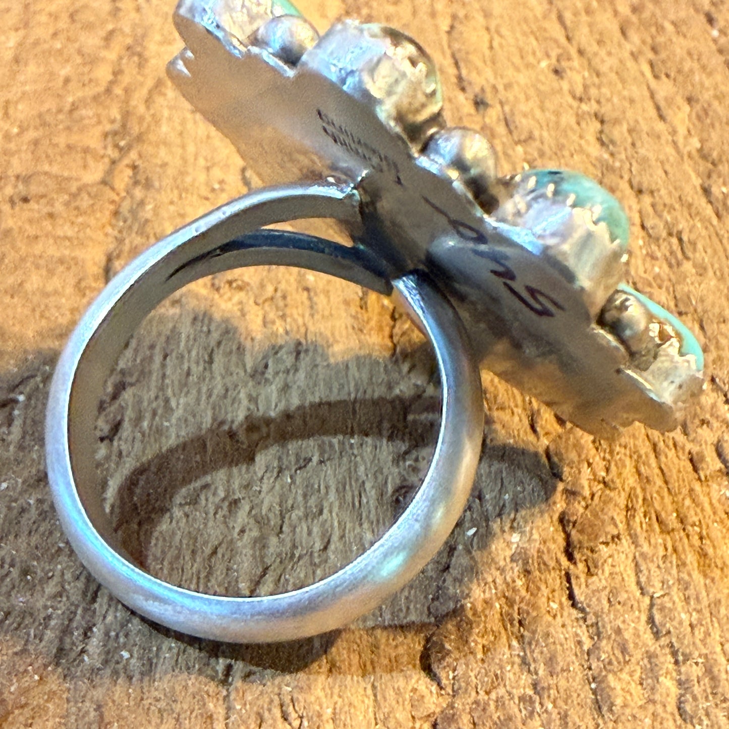 T. Smith Native Signed Mohave Turquoise Cluster Ring, Adjustable, 1.5 Inch Diameter Wild West Boho
