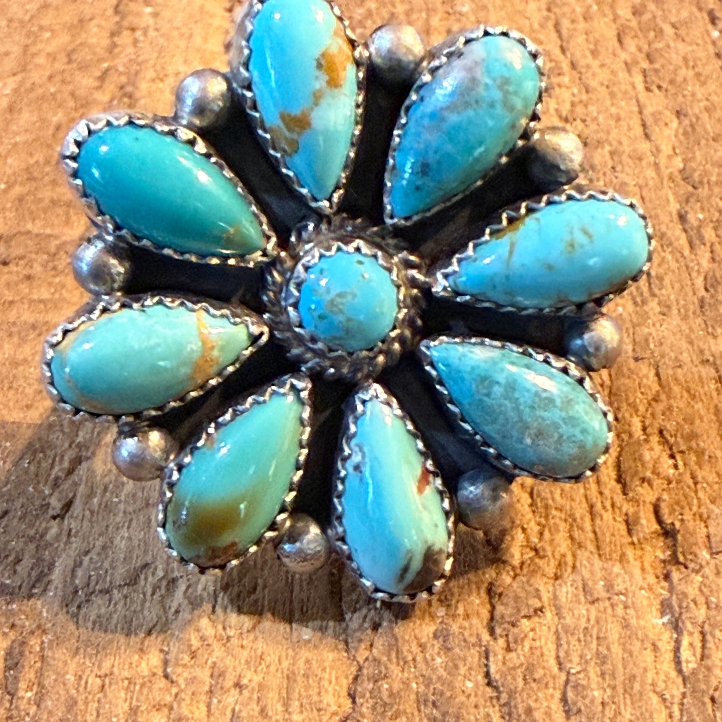 T. Smith Native Signed Mohave Turquoise Cluster Ring, Adjustable, 1.5 Inch Diameter Wild West Boho