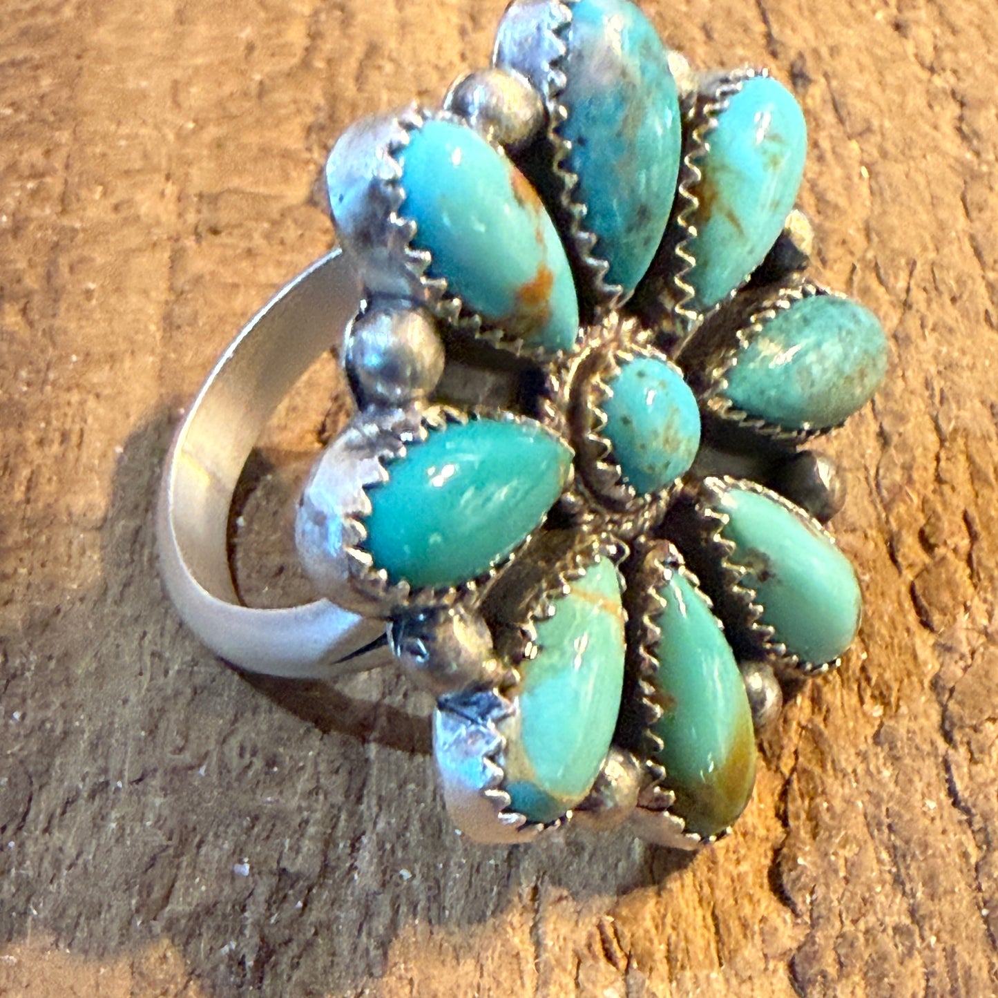 T. Smith Native Signed Mohave Turquoise Cluster Ring, Adjustable, 1.5 Inch Diameter Wild West Boho