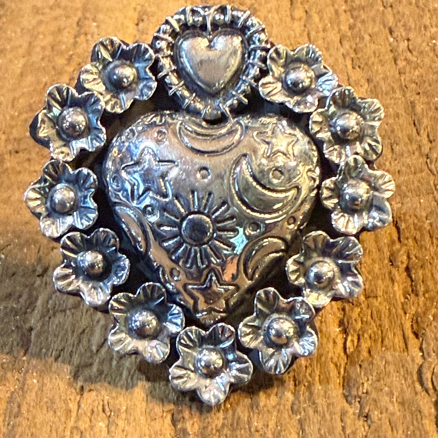 Stunning Hearts and Flowers Statement Cuff Adjustable Ring, Sterling Silver Wild West Boho