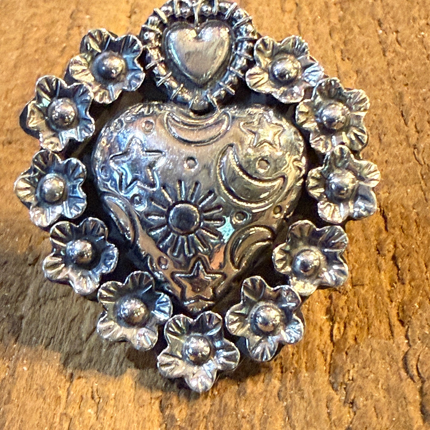 Stunning Hearts and Flowers Statement Cuff Adjustable Ring, Sterling Silver Wild West Boho