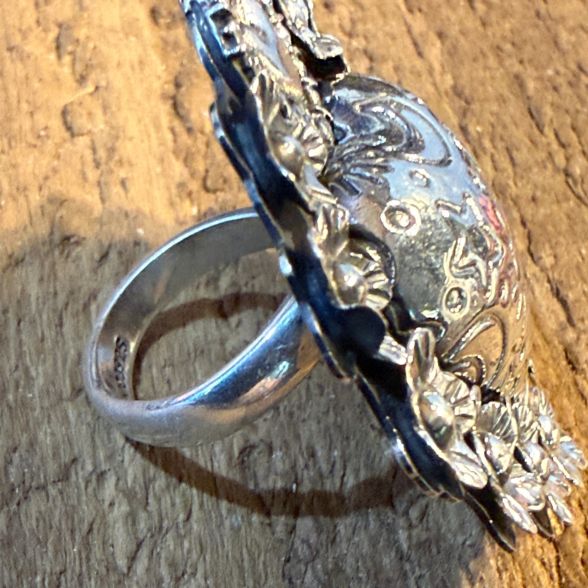 Stunning Hearts and Flowers Statement Cuff Adjustable Ring, Sterling Silver Wild West Boho