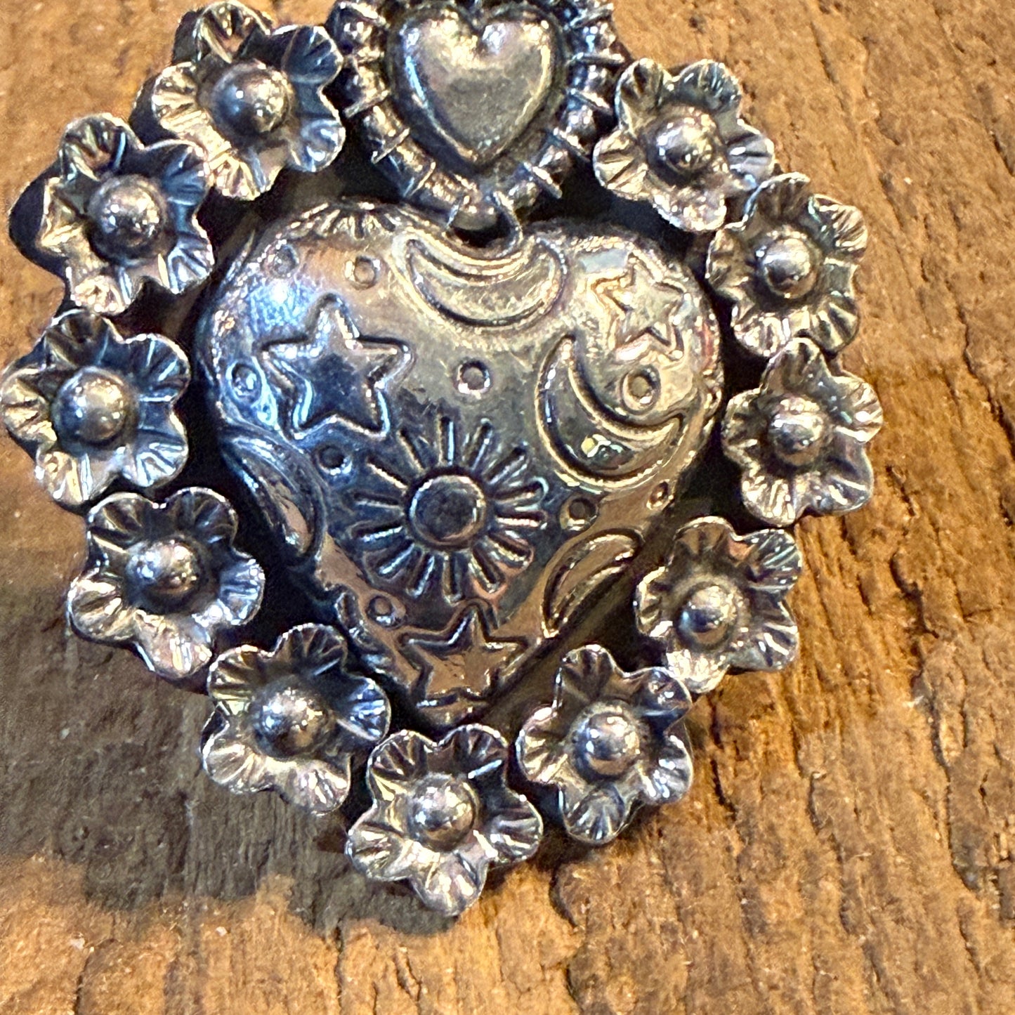 Stunning Hearts and Flowers Statement Cuff Adjustable Ring, Sterling Silver Wild West Boho