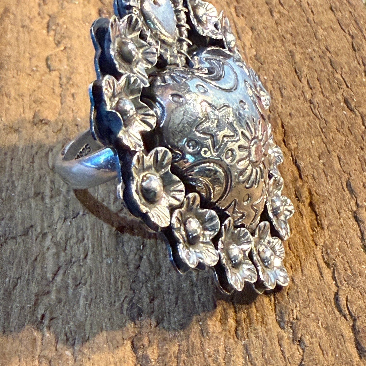 Stunning Hearts and Flowers Statement Cuff Adjustable Ring, Sterling Silver Wild West Boho