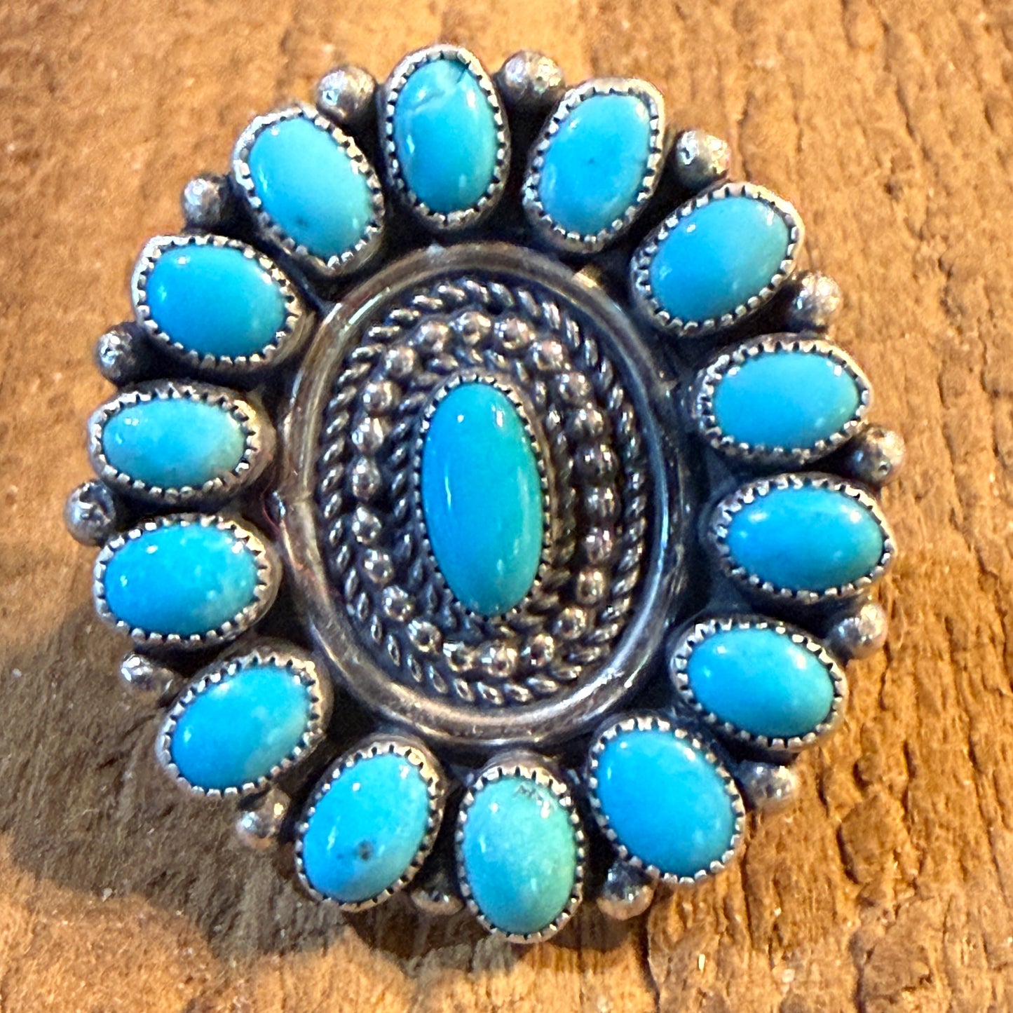 Marie B. Signed Native Handmade Kingman Turquoise Cluster Ring, Size 9 Wild West Boho