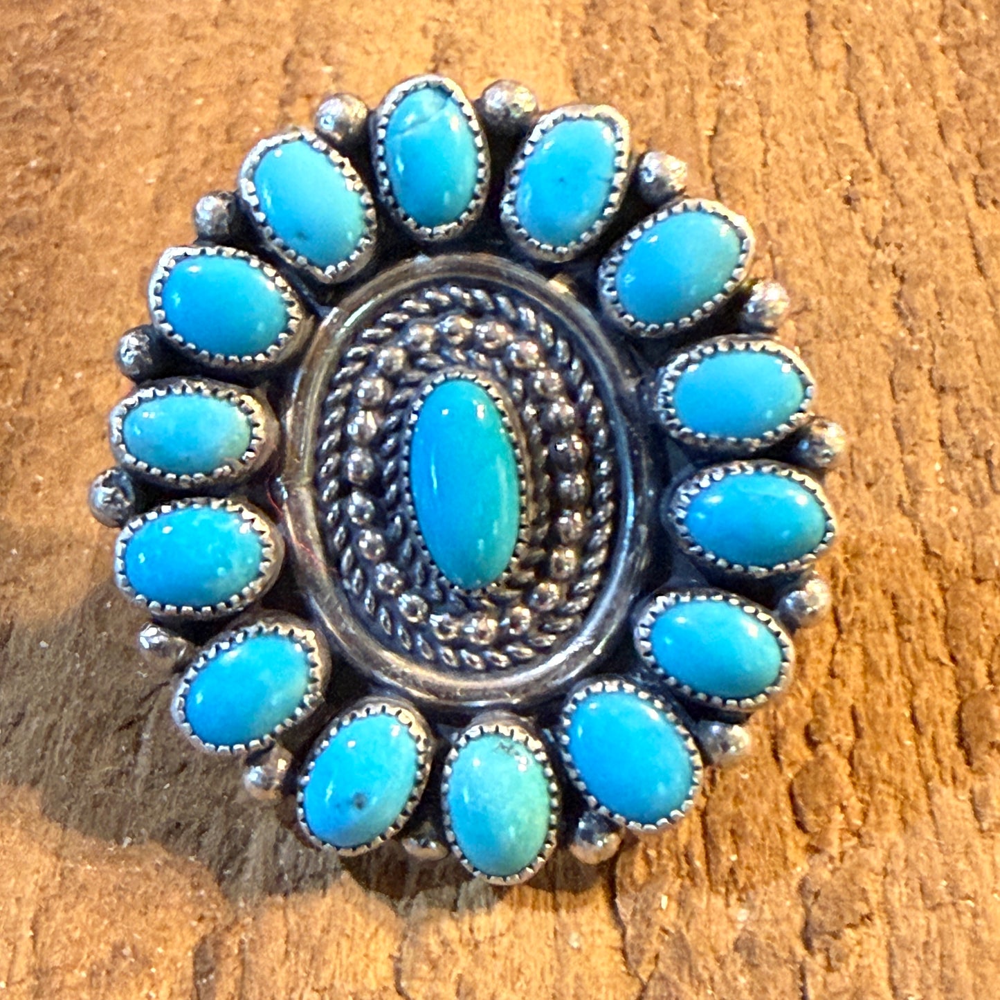 Marie B. Signed Native Handmade Kingman Turquoise Cluster Ring, Size 9 Wild West Boho