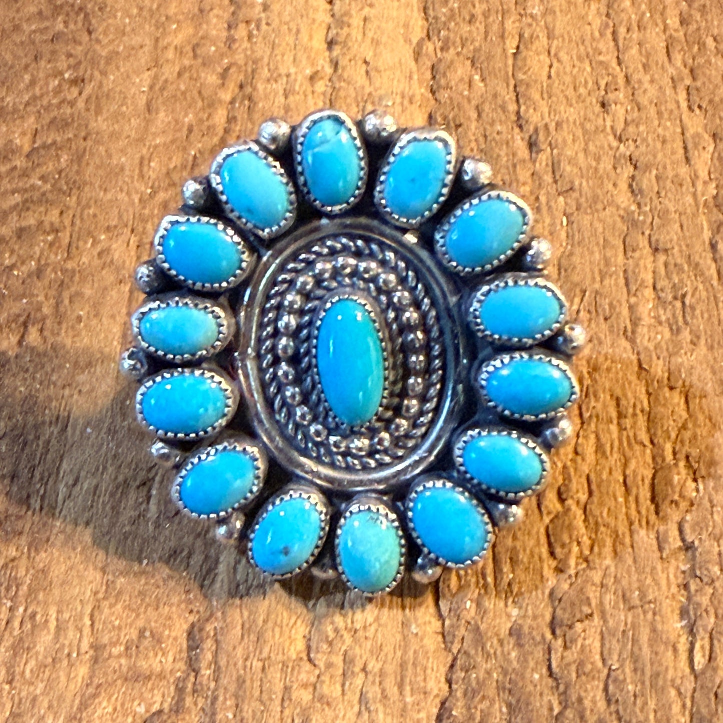 Marie B. Signed Native Handmade Kingman Turquoise Cluster Ring, Size 9 Wild West Boho