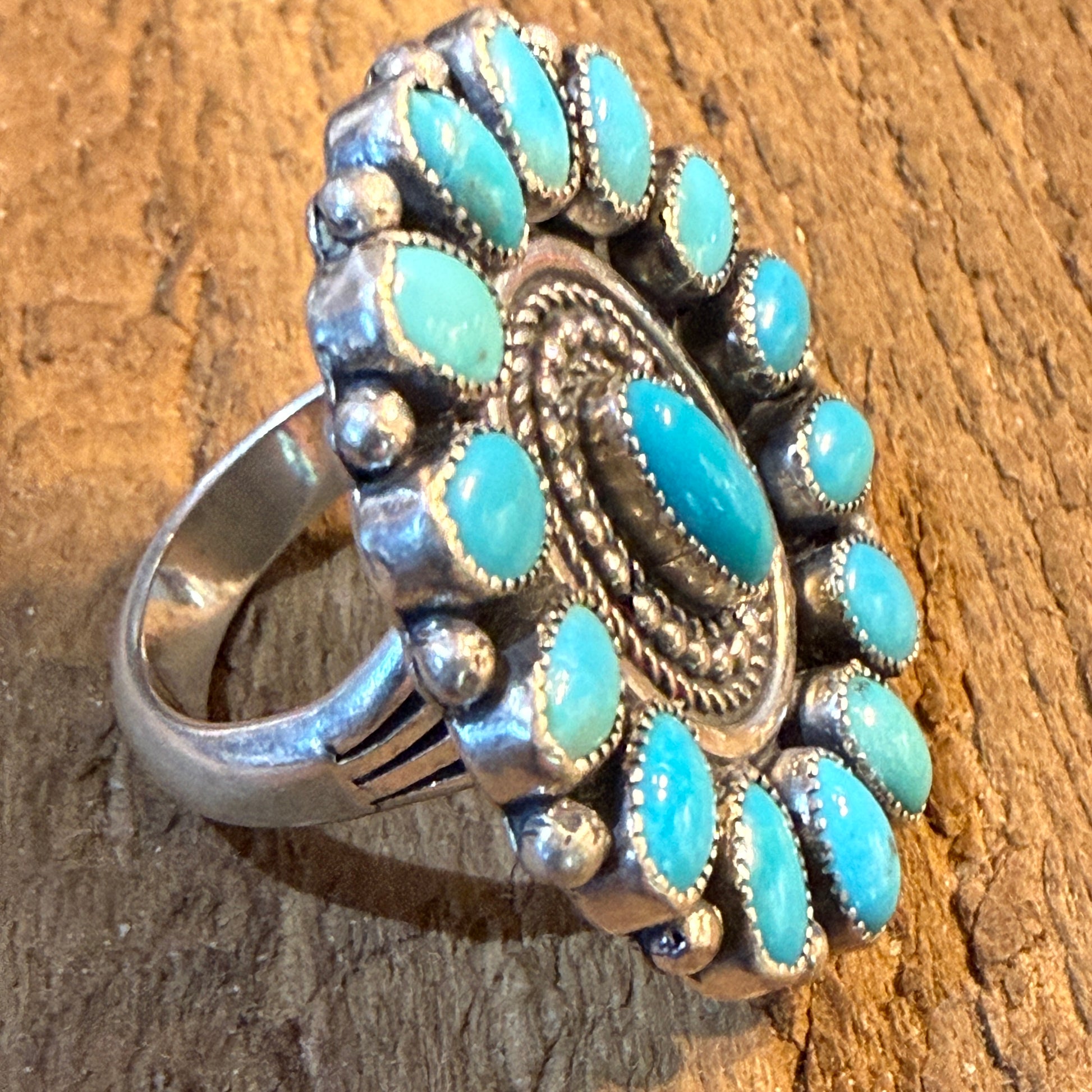 Marie B. Signed Native Handmade Kingman Turquoise Cluster Ring, Size 9 Wild West Boho