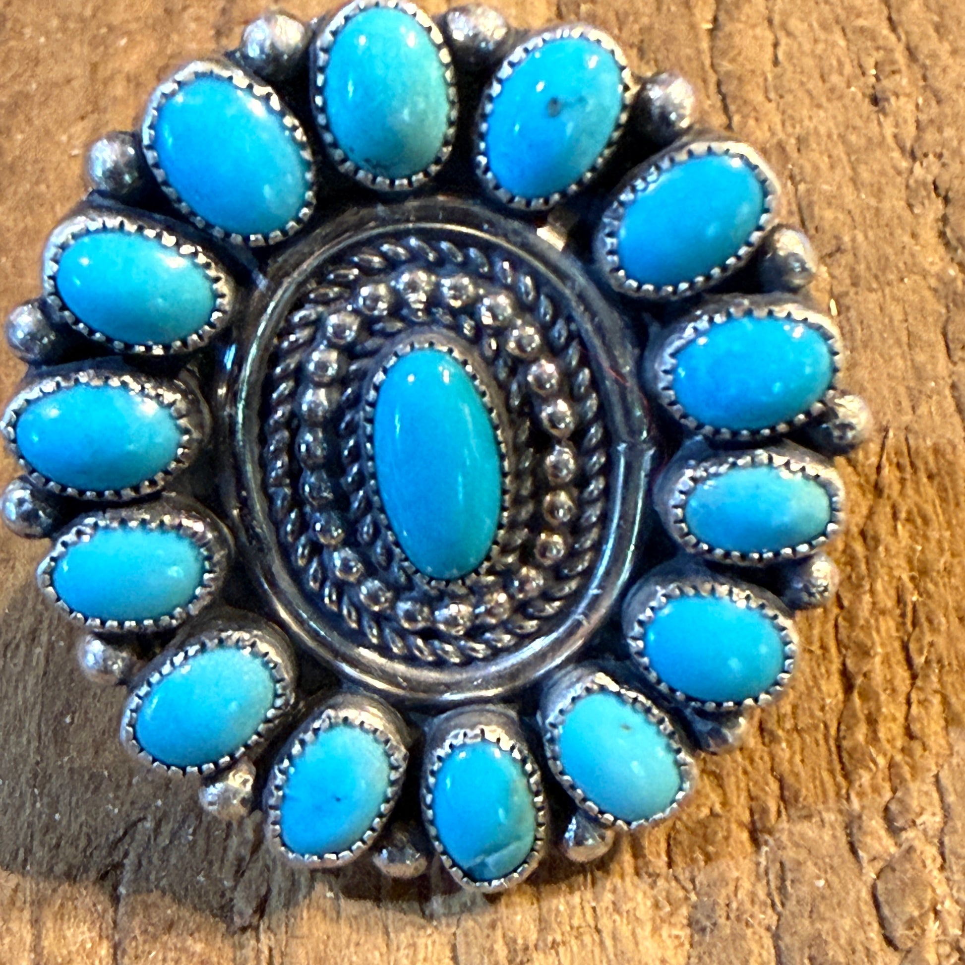 Marie B. Signed Native Handmade Kingman Turquoise Cluster Ring, Size 9 Wild West Boho