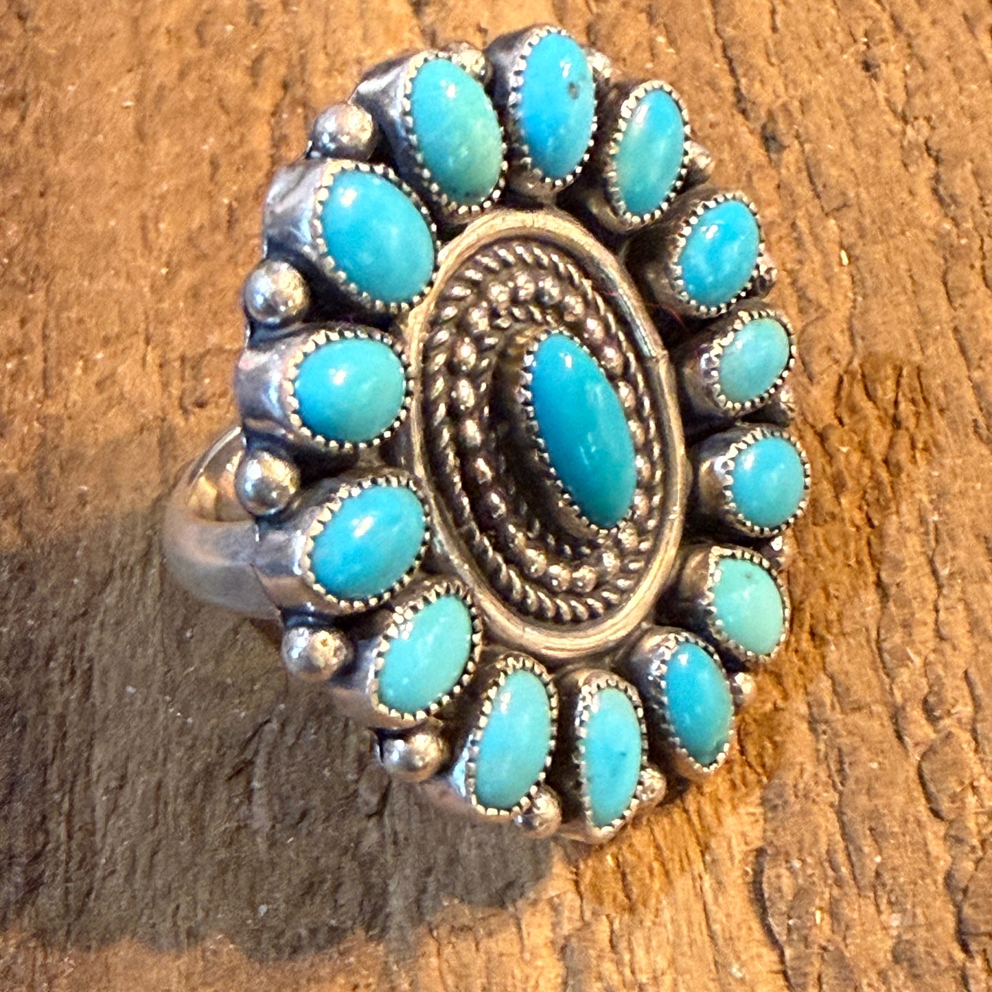 Marie B. Signed Native Handmade Kingman Turquoise Cluster Ring, Size 9 Wild West Boho