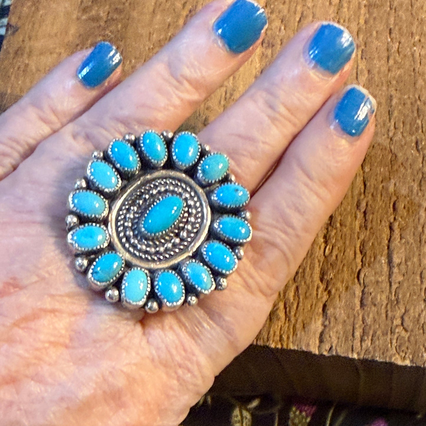 Marie B. Signed Native Handmade Kingman Turquoise Cluster Ring, Size 9 Wild West Boho