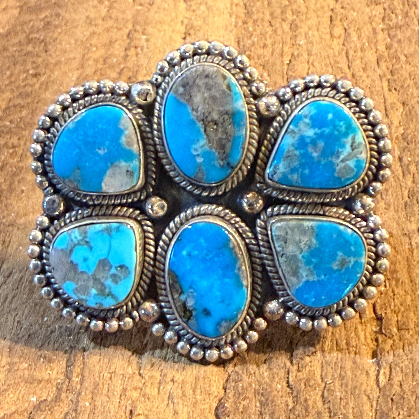 Kingman Turquoise Gemstone Cluster Statement Adjustable Ring, Sterling Silver Wild West Boho