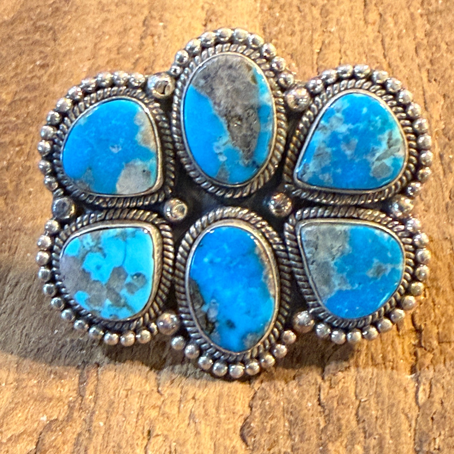 Kingman Turquoise Gemstone Cluster Statement Adjustable Ring, Sterling Silver Wild West Boho